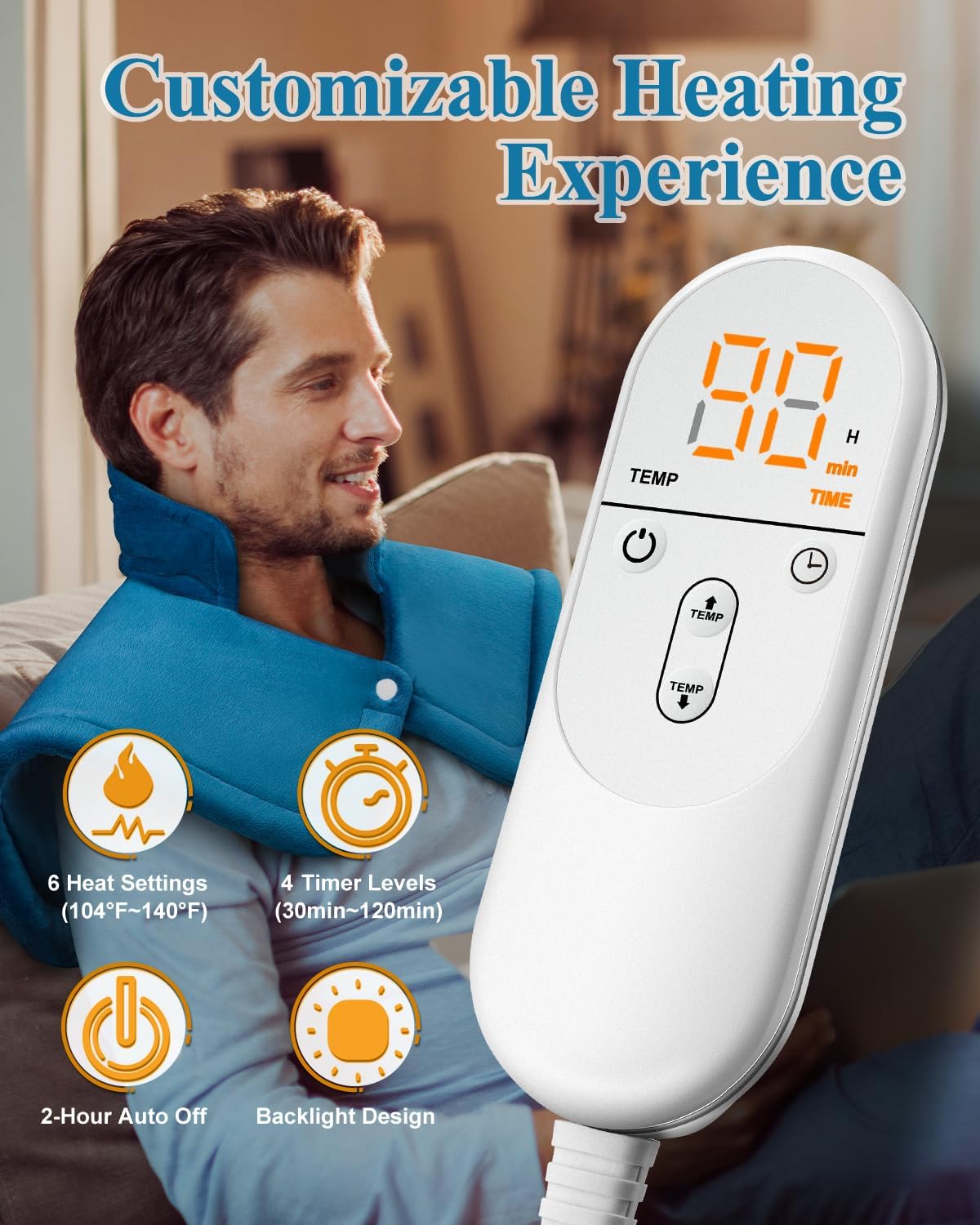 Heating Pad for Neck Shoulders Pain Relief, Birthday Gifts for Men Dad Husband Elderly, Electric Weighted Heated Wrap 6 Heat Settings 4 Timers Auto Off, Christmas Stocking Stuffers for Women Mom, Blue