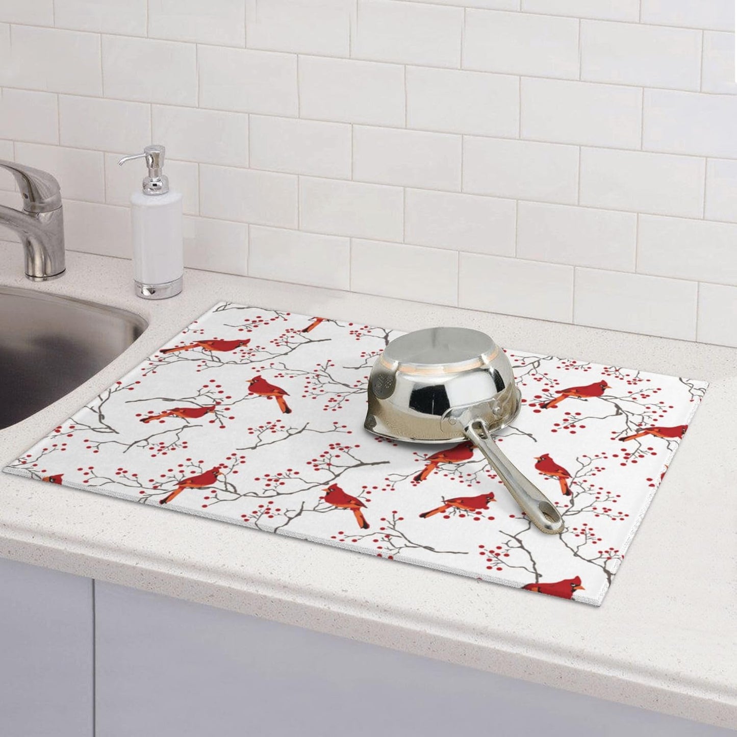 Cardinal Bird Red Berry Decor Microfiber Dish Drying Mat for Kitchen Counter Cute Dishes Pad Dish Drainer Rack Mats 18"x24" Absorbent Washable Reusable Home Holiday Decor