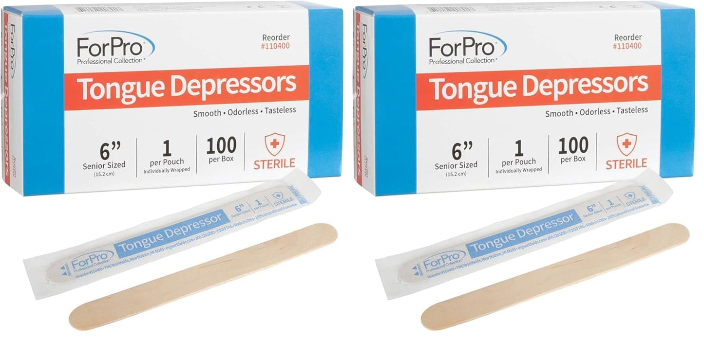 ForPro Professional Collection Senior Tongue Depressors, Large Wax Applicator Sticks, 6" Senior Sized, Sterile, Individually-Wrapped, 100-Count" (Pack of 2)