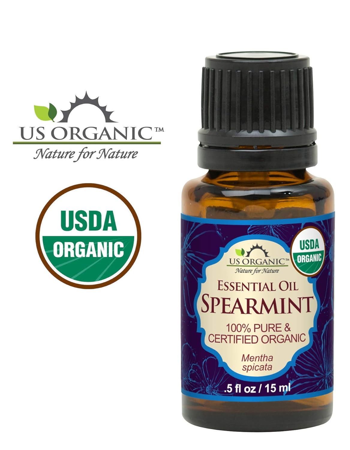 US Organic 100% Pure Spearmint Essential Oil - USDA Certified Organic, Steam Distilled - W/Euro droppers (More Size Variations Available) (15 ml / .5 fl oz)