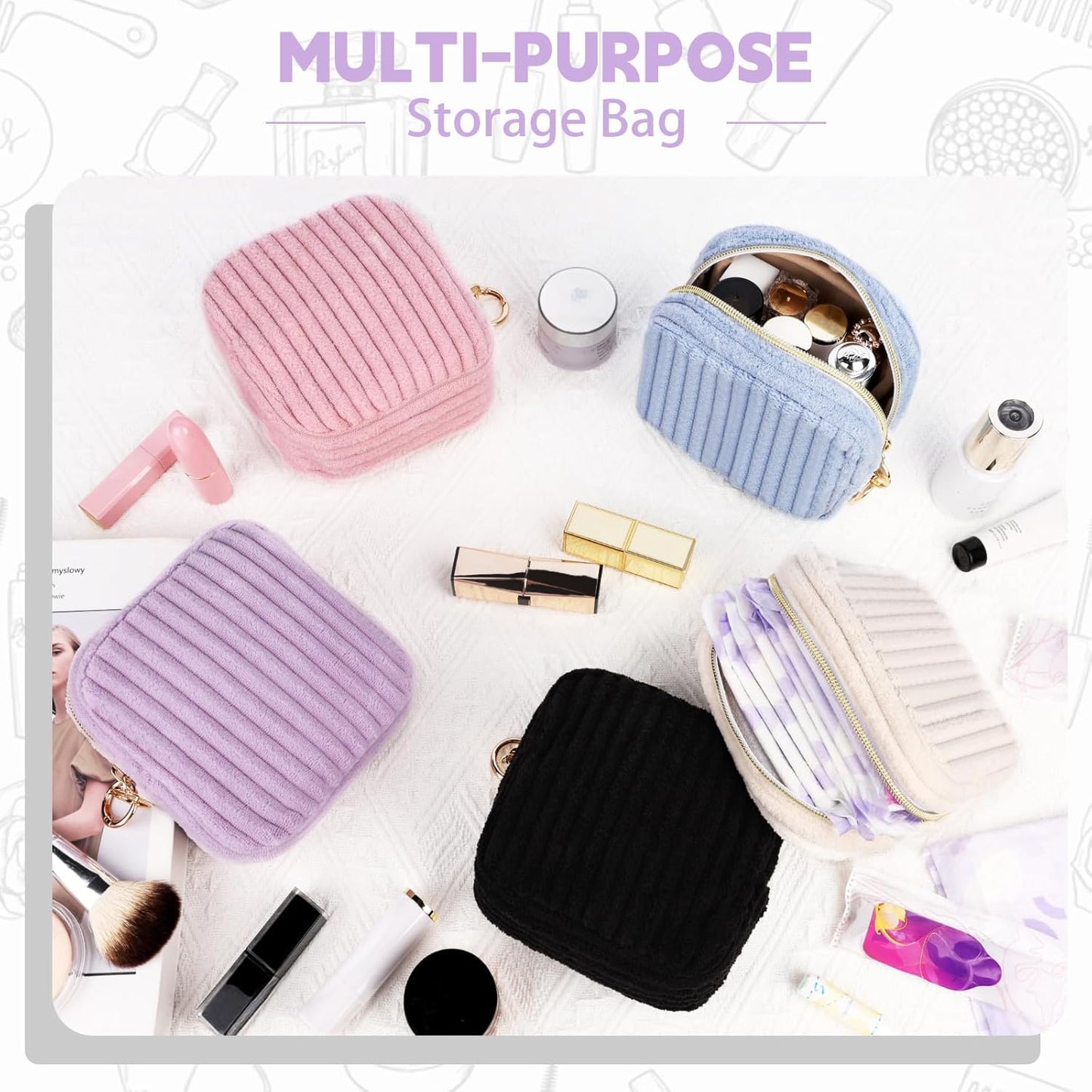 Period Bag for Teen Girls, Corduroy Sanitary Napkin Storage Bag, Fluffy Menstrual Pad PouchTampon Holder for Purse (Pink)