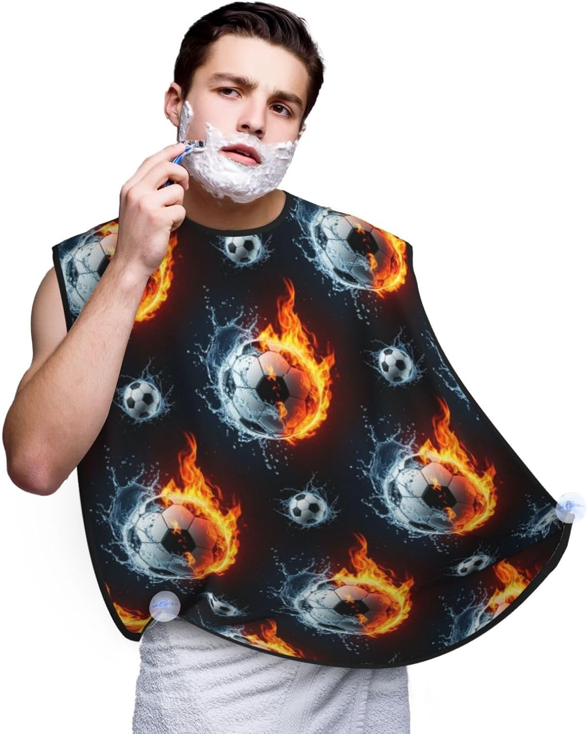 Beard Bib with 3 Suction Cups, Non-Stick Waterproof Hair Catcher Apron, Men's Shaving Essential for Grooming, Water Fire Soccer Ball Shave Bib