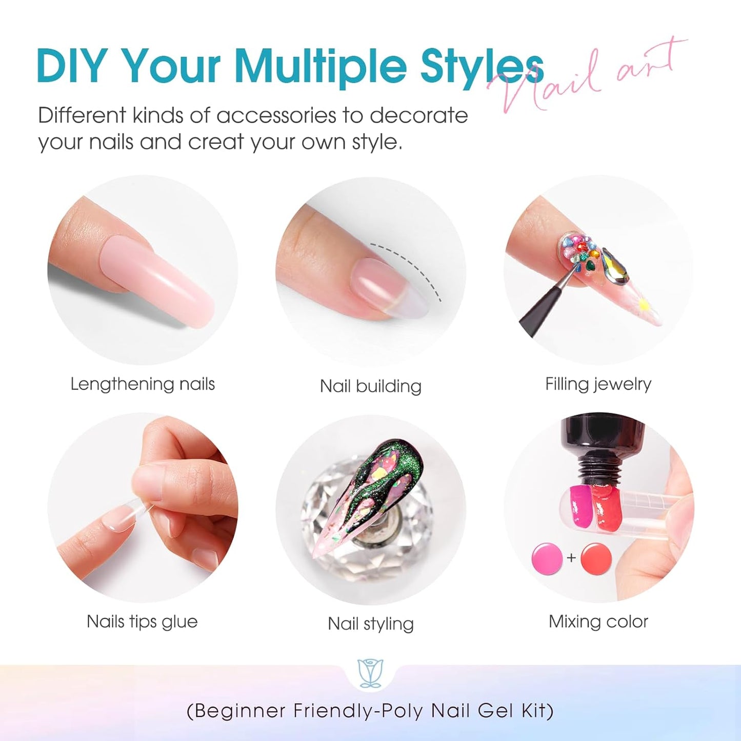 ROSALIND Poly Nail Gel Colors Kit -14 Colors +72 Nail Art Accessories kit Poly Nails Gel Kit Starter Kit with Mini UV Lamp Slip Solution Poly Nail Art Tools for Beginners with Everything