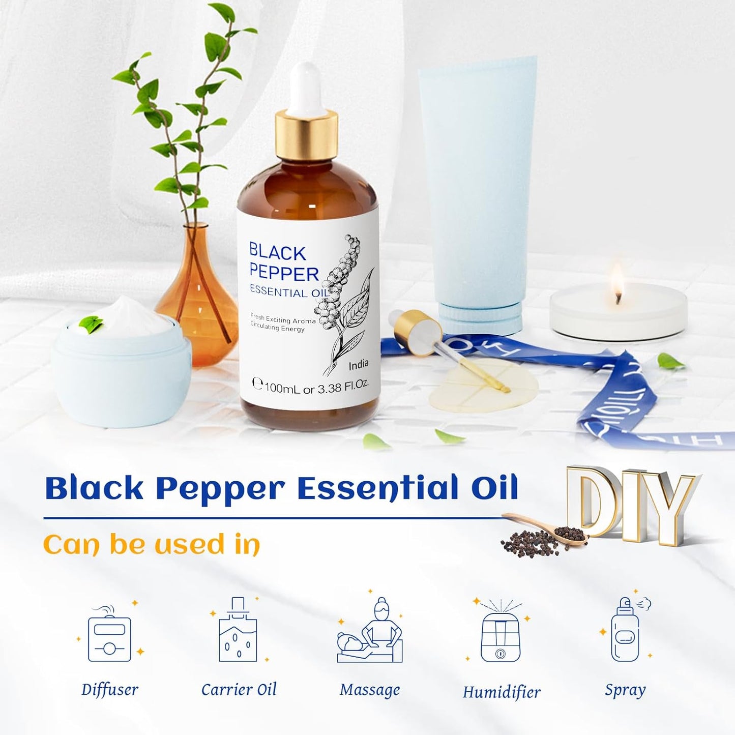 HIQILI Black Pepper Essential Oil for Aromatherapy & Diffuser - Natural Spicy & Warming Scent - Therapeutic Grade - 3.38 Fl Oz