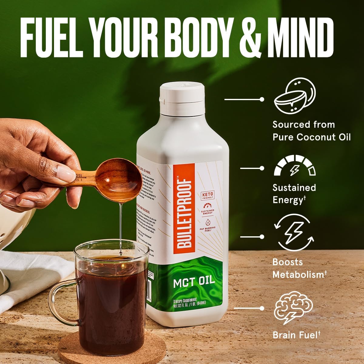 Bulletproof MCT Oil Made with C10 and C8 Oil, 32 Ounces, Keto Supplement for Sustained Energy, Brain and Body Fuel, Add to Coffee and Smoothies