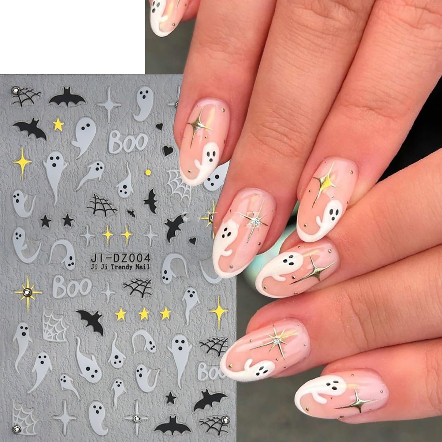 Halloween Nail Art Stickers 6 Sheets Cute Little Ghost Skull Blood Pumpkin 3D Nail Art Self-Adhesive Stickers Nail Spider Web Bat Decoration Pink Ghost Nail Supplies for DIY Nail Decal Art