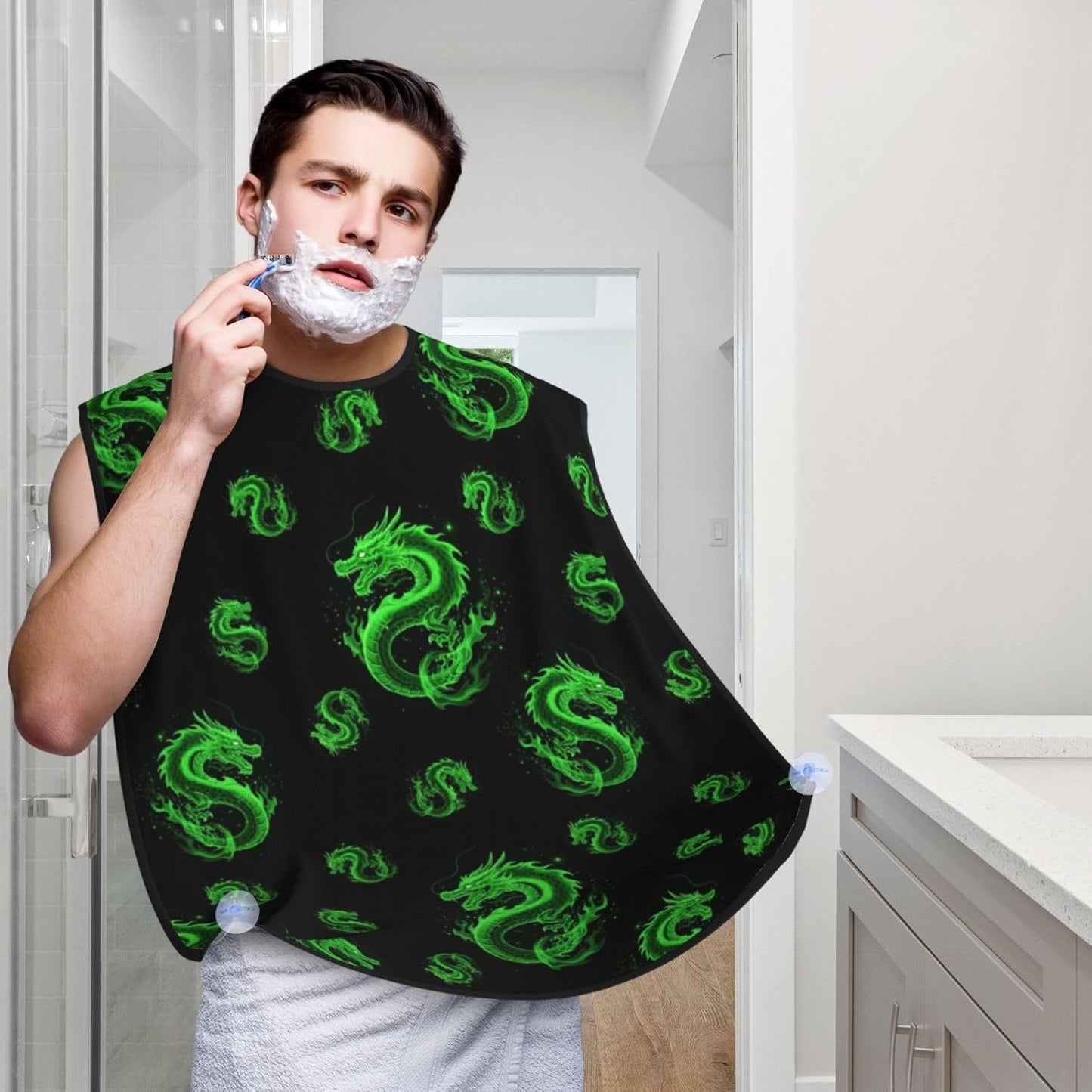 Beard Hair Catcher for Men, Waterproof Shaving Bib Apron Non-Stick, Trimming Tool for Dad Husband, Green Fire Flame Dragon Art Shave Bib