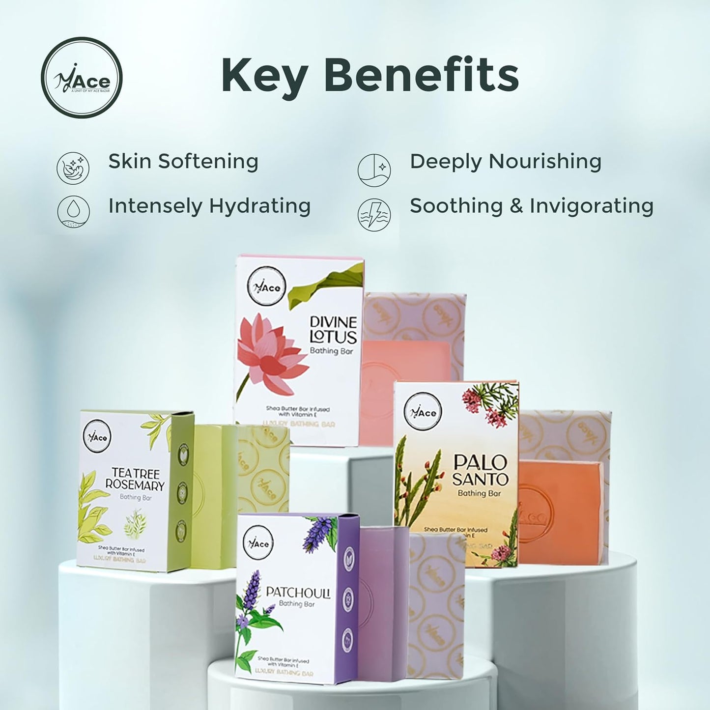 MY ACE Handmade Soap Set – 4 Bathing Bars: Tea Tree Rosemary, Patchouli, Divine Lotus & Palo Santo – SLES & Paraben-Free, Coconut Oil, Shea Butter & Vitamin E – Gentle & Moisturizing, 3.5 oz Each