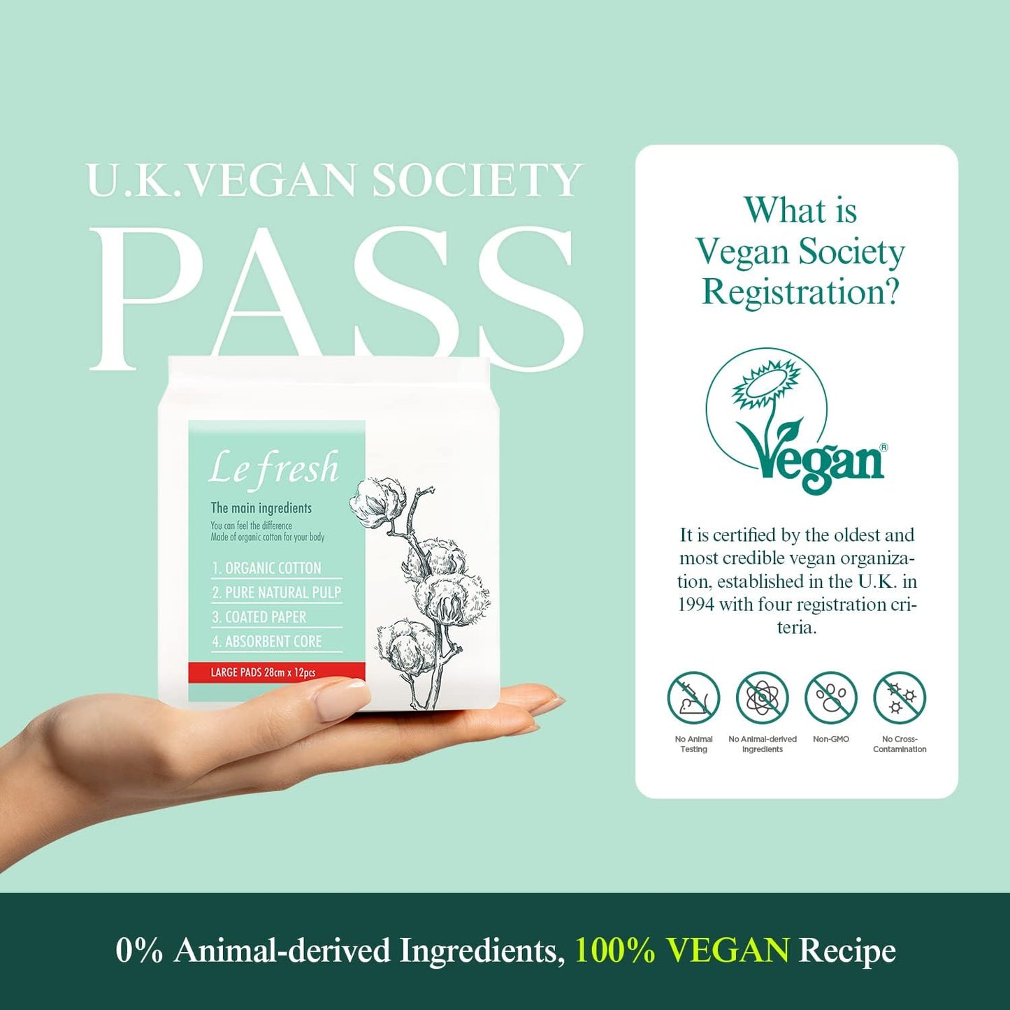 Lefresh Organic Cotton Cover Pads with Wings | Large, 24 Count | Heavy Absorbency - Unscented - Vegan - Chlorine Free - Ultra Thin Pads for Women (24)