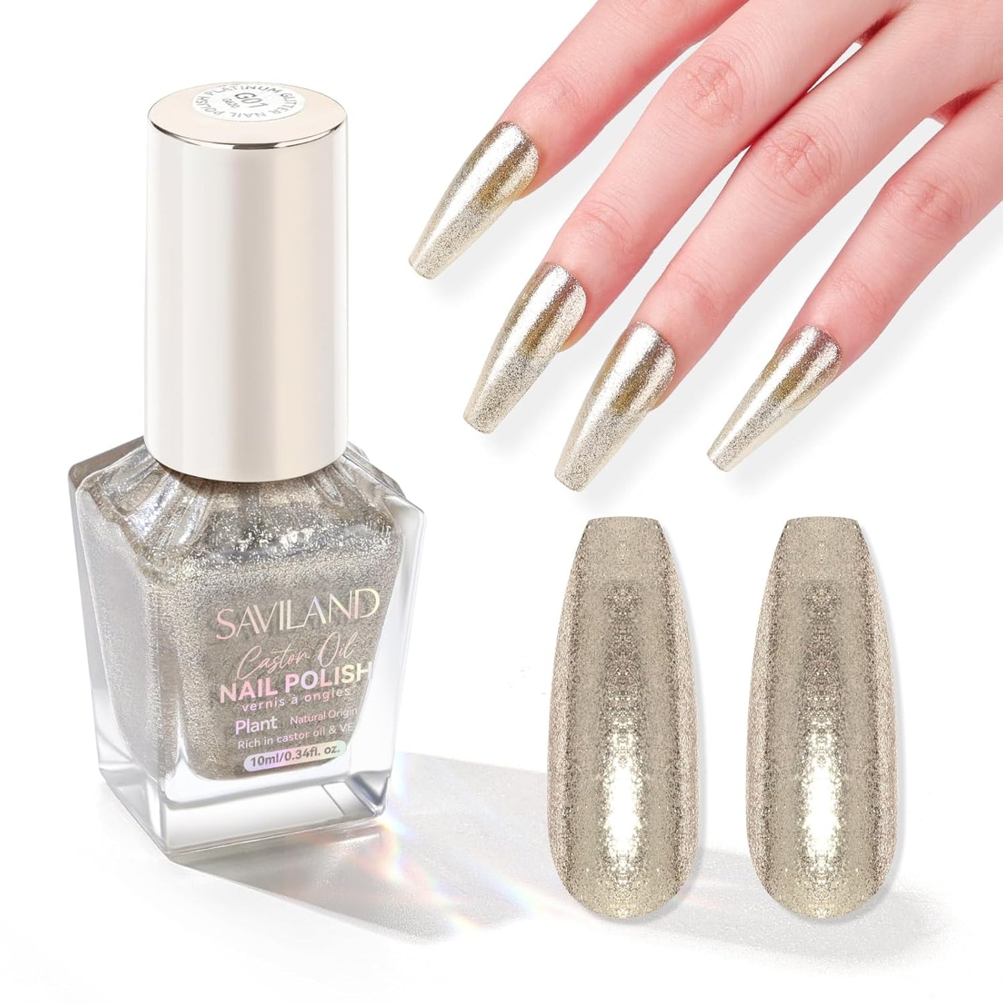 SAVILAND Color Artistry Champagne Gold Nail Polish - 7 Days Shimmer Holographic Metallic Glitter Fingernail Polish Sparkle Shiny Nail Lacquer for Toe Salon Manicure DIY Nail Art Home