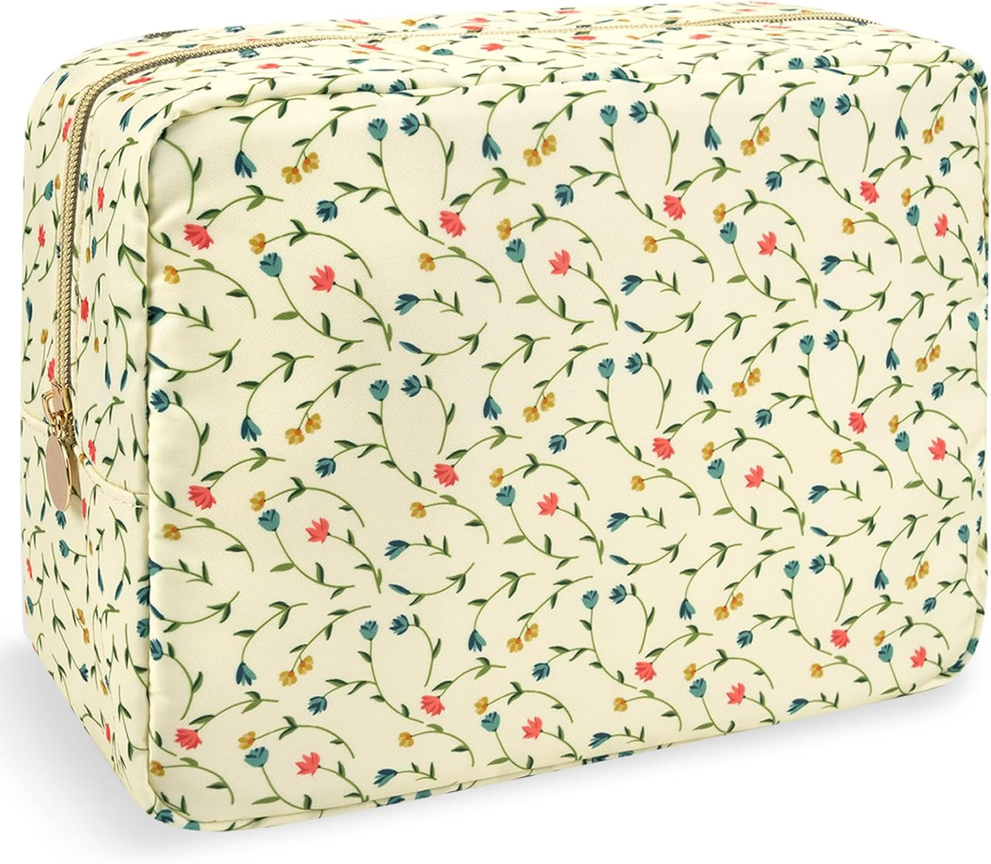 Nylon Large Floral Makeup Organizer Bag, Preppy Big Cute Flower Cosmetic Zipper Pouch Multi-compartment with Dividers, Waterproof Toiletry Make Up Bag Travel Essentials for Women(Light Yellow-Flower)