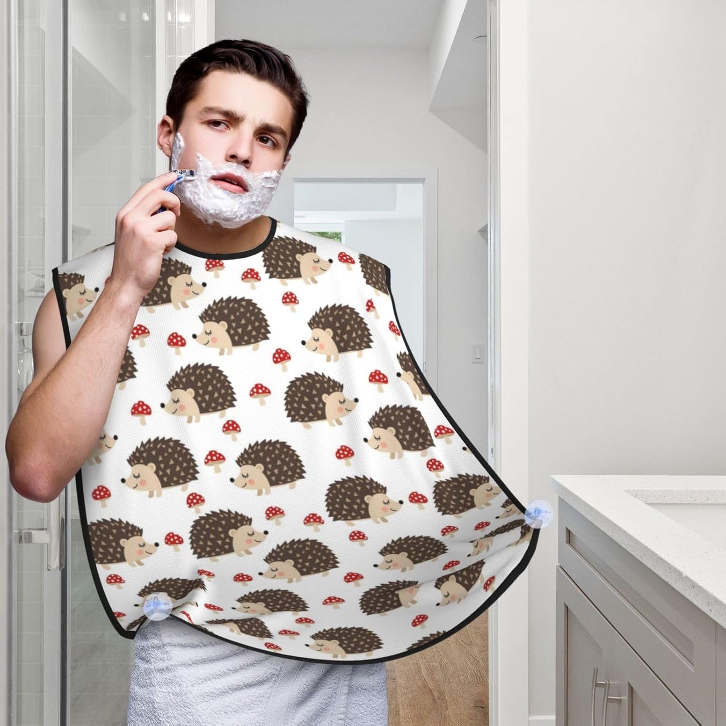 Adjustable Beard Catcher Apron, Autumn Hedgehogs Leaves Mushrooms Shave Bib, Non-Stick Waterproof Grooming Bib, Shaving Essential for Men Dad Christmas