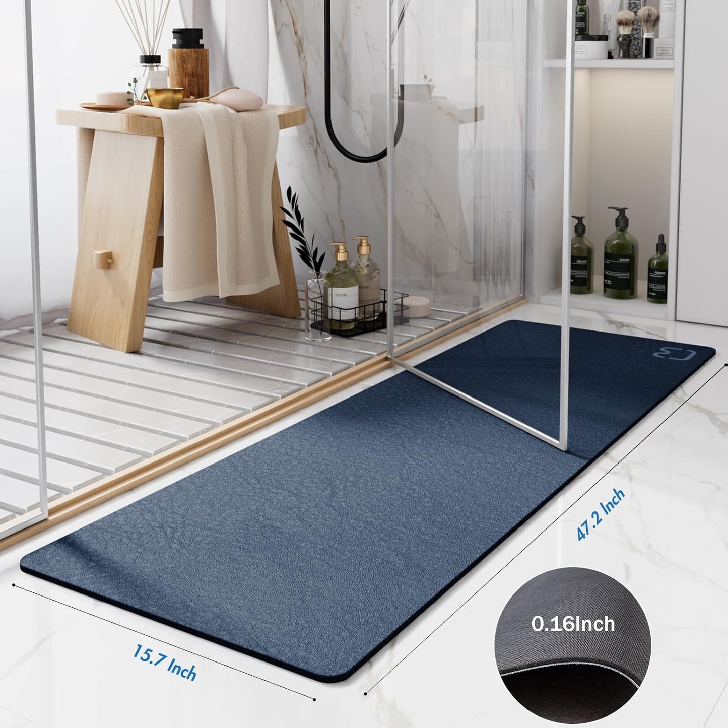 Bath Mat Runner - Long Diatomite Stone Bath Mats for Bathroom Super Absorbent Large Diatomaceous Earth Bath Mat Non Slip Quick Drying Shower Mat Thin Bathroom Rugs Floor Mat, 15.7"x47.2", Navy