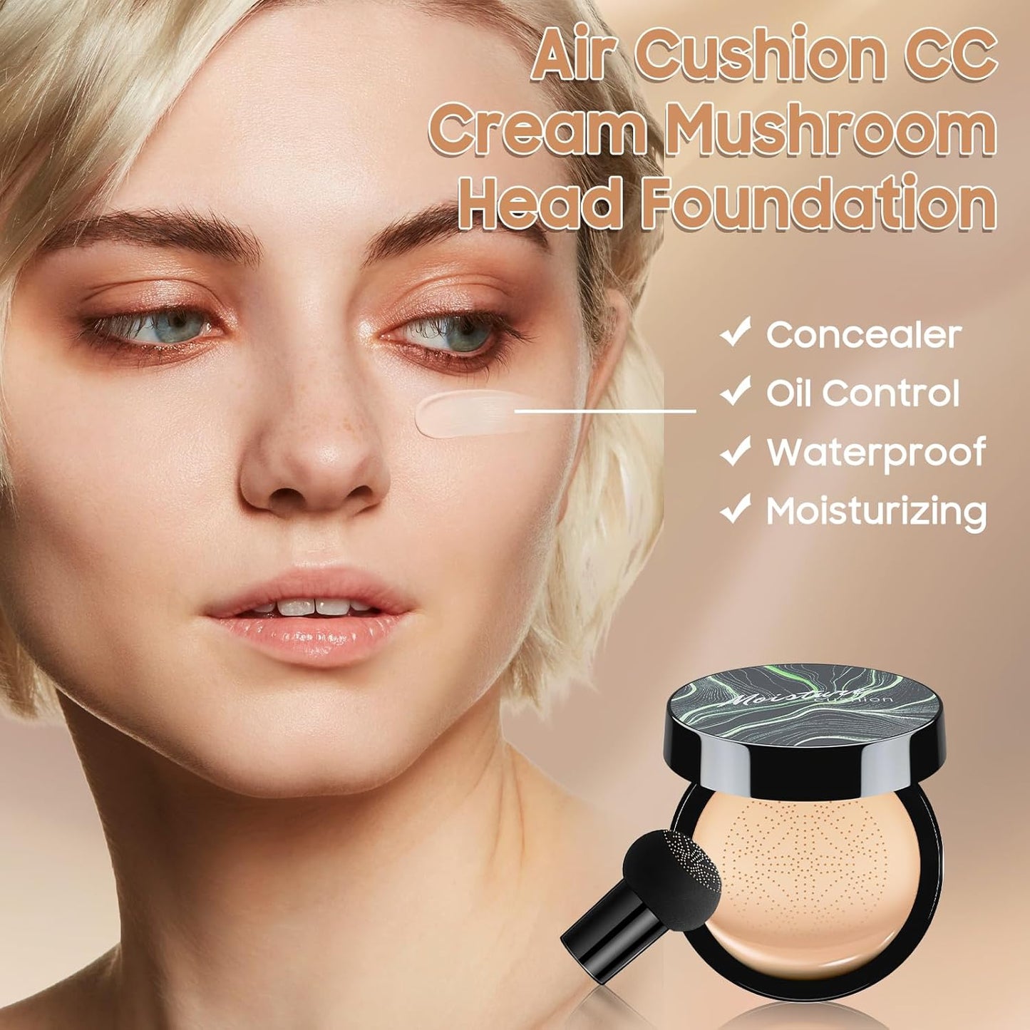 Air Cushion CC Cream Foundation - Mushroom Head BB Creams, Long Lasting Concealing Brightening, Moisturizer Face Cream,Facial Skin Care Makeup For All Skin Types (Nude)