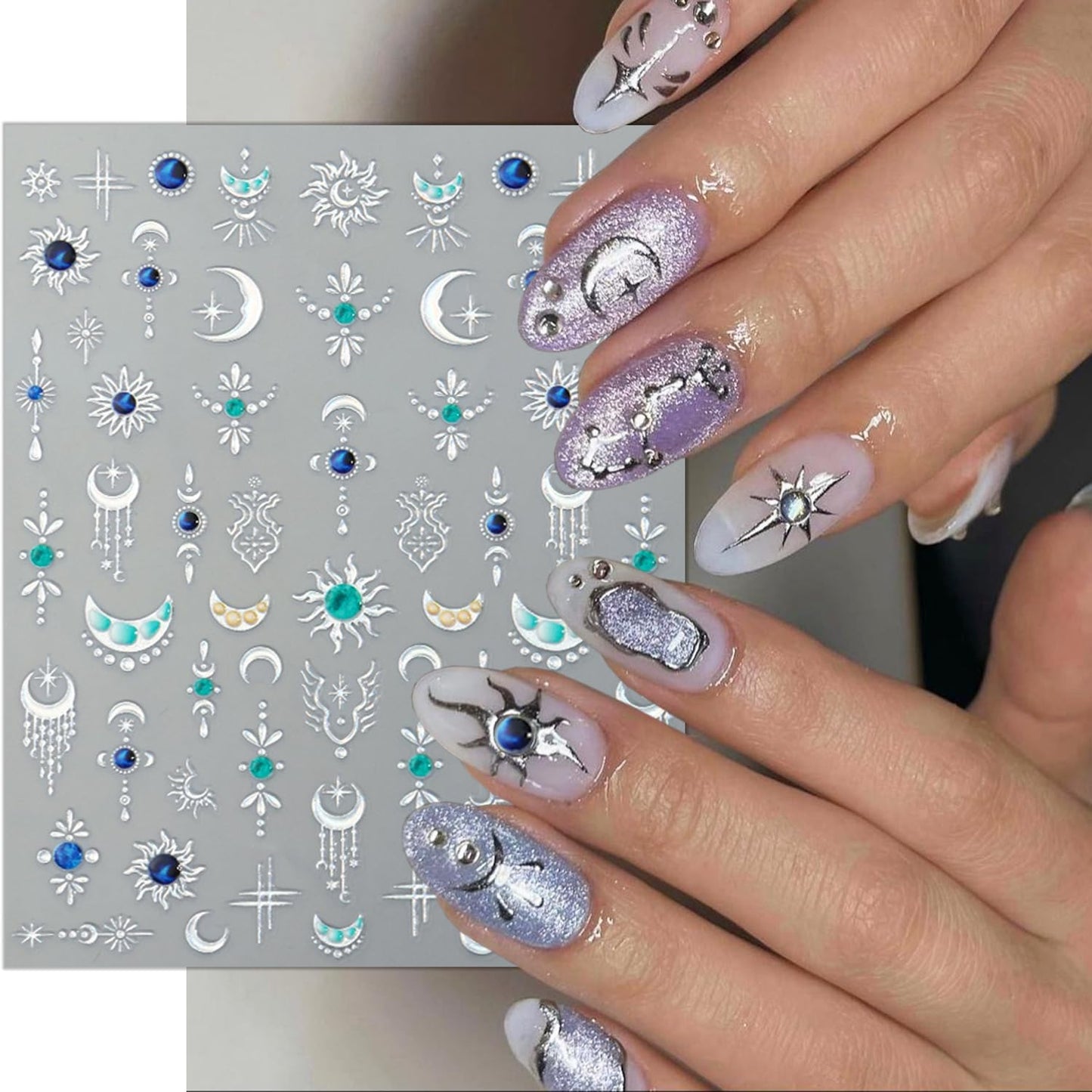 2 Sheets Celestial Nail Stickers for Nail Art Embossed Star Moon Sun Nail Art Stickers 5D Self-Adhesive Gold Silver Bohemian Style Nail Decals Moon Meteor Design Decals for Women Nail Supplies