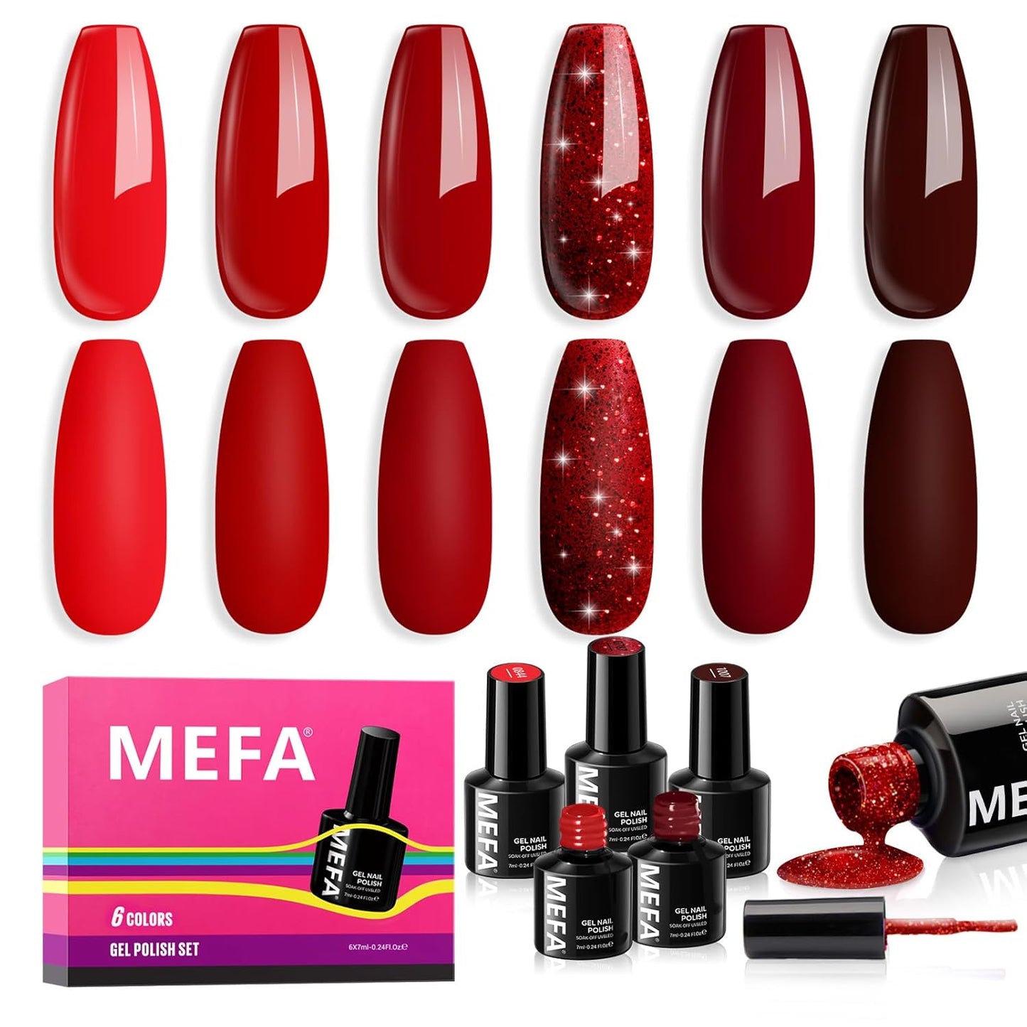 MEFA Red Gel Nail Polish Set, 6 Colors Gel Polish Kit Popular Burgundy Glitter Nail Polish Soak Off Rose Dark Red Shimmer DIY Home Salon Manicure Gifts for Women Girls 2025