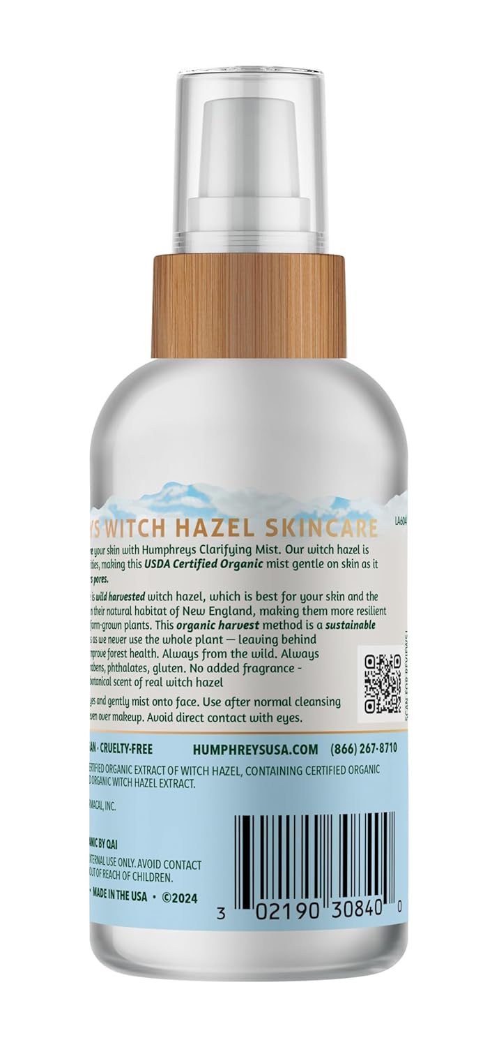 Humphreys Witch Hazel Clarifying Toner Mist Spray | Wild Harvested Witch Hazel | USDA Organic| Travel Size 3.3 Fl Oz | Fragrance Free | Clears Pores & Removes Oil