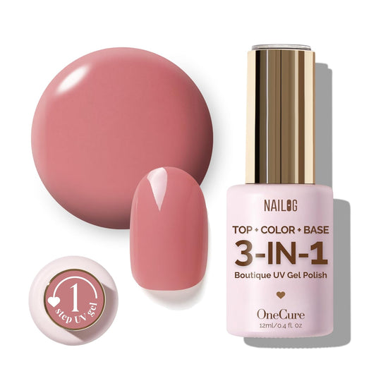 NAILOG One Step Nude Pink Gel Nail Polish 12ml Top Coat Color Gel Base 3-In-1 Formula Soak Off UV Gel Polish for Home DIY & Gifting | Dusty Rose Pink