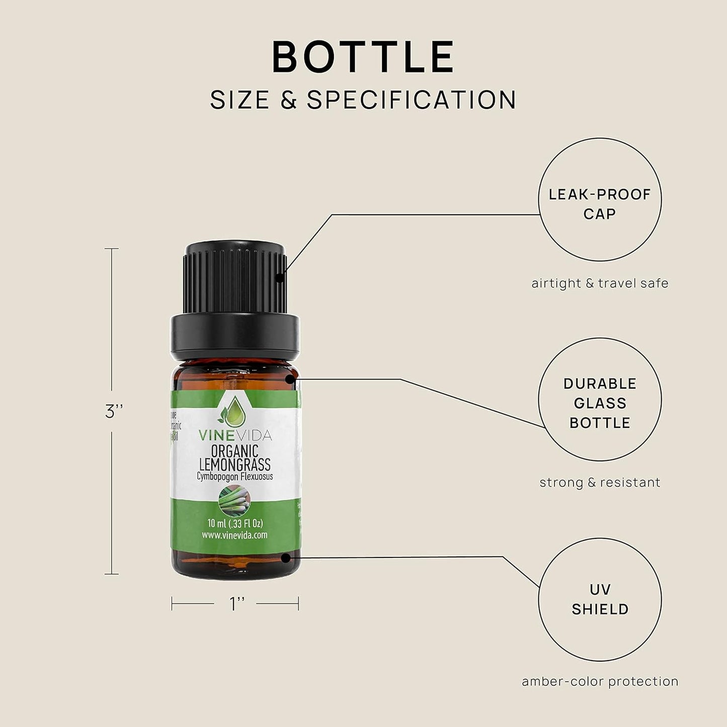 VINEVIDA Organic Lemongrass Essential Oil 10 mL - Undiluted, Pure, Vegan, Reusable Glass Bottle with Dropper