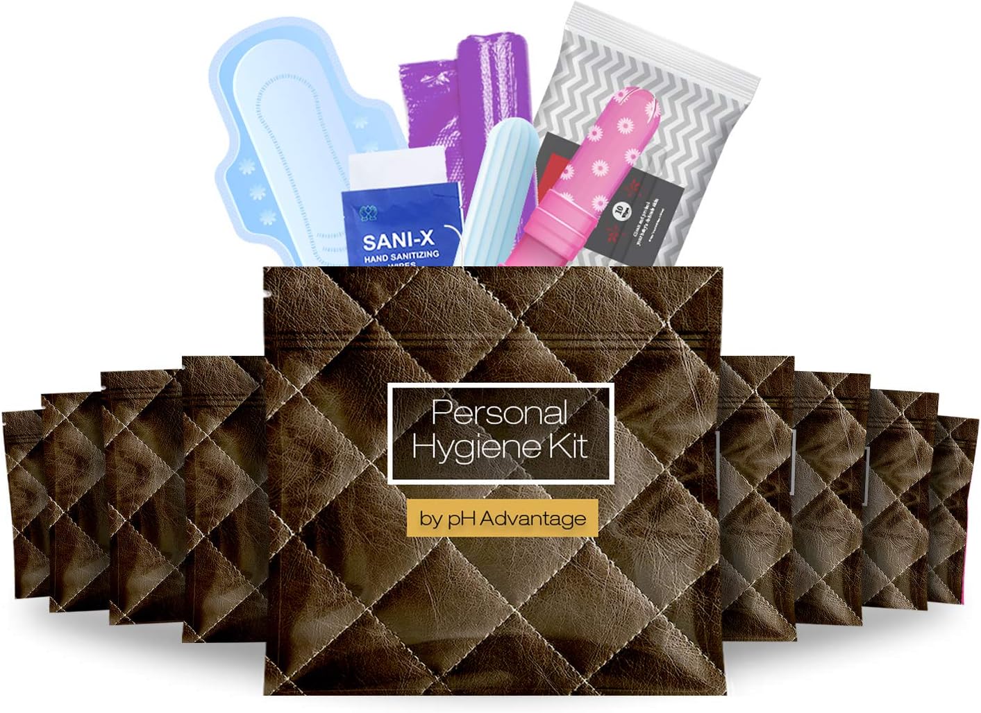 Menstrual Kit All-in-One 10 Pack | Convenience on The Go | Period Kit Pack for Travelling, Tweens & Teenagers or just When You’re Out | Individually Wrapped Feminine Hygiene Product (Brown Leather)