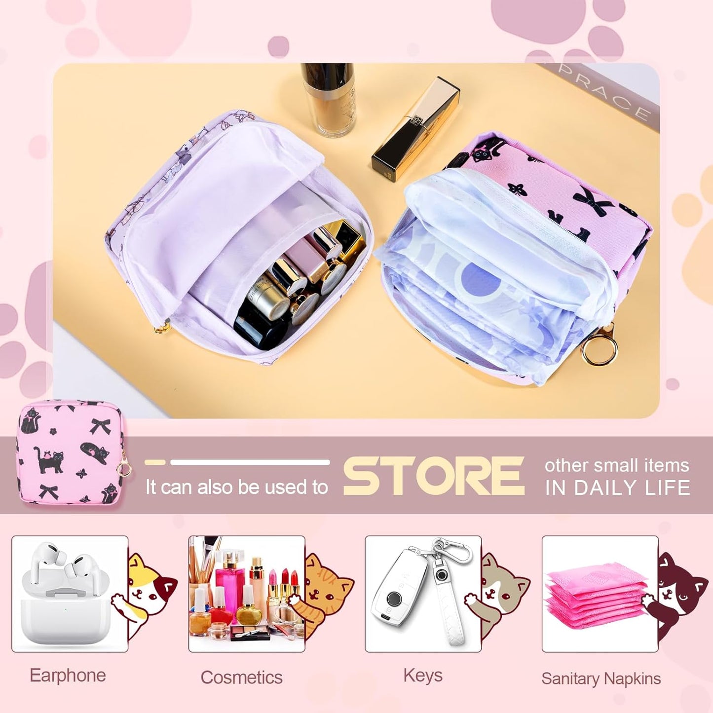 Tampon Holder for Purse, Canvas Period Bag Sanitary Napkin Storage Bag for Girls Womens, Portable Feminine Emergency Pad Period Pouch(Kitten Grass)