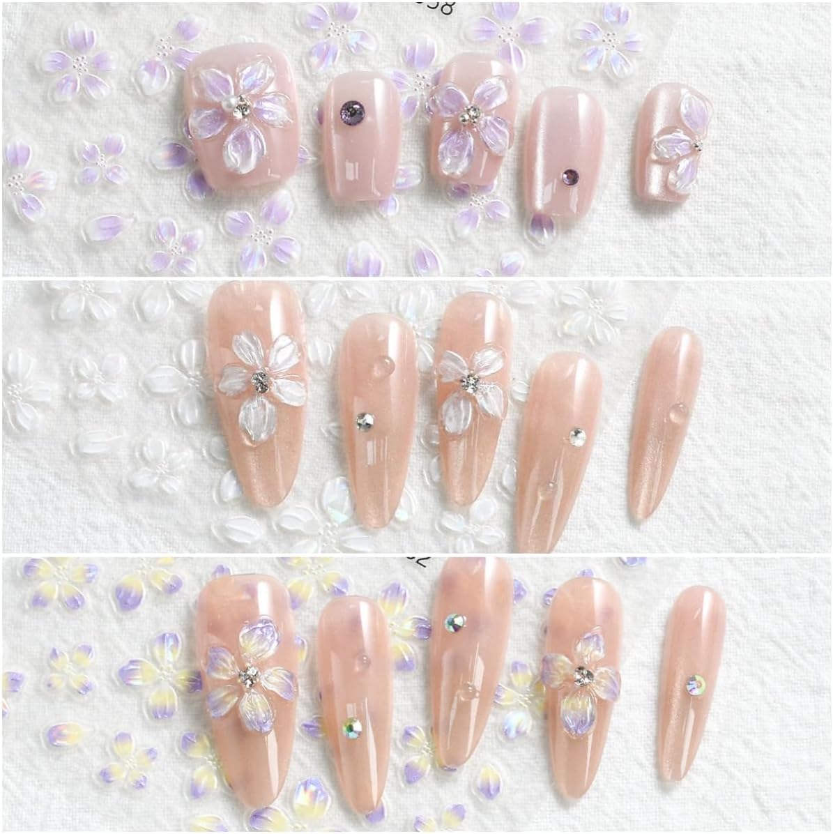 Flower Nail Stickers 6 Sheets Self-Adhesive Floral Nail Decals 5D Embossed Pink Purple White Nail Art Stickers for Women DIY Manicure Accessories Decorations