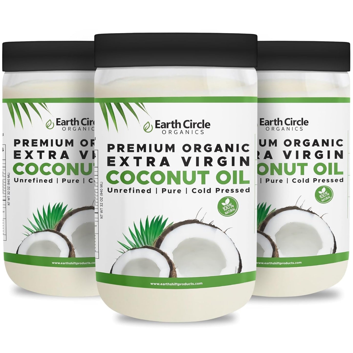 Earth Circle Organics Premium Ultra Pure Extra Virgin Coconut Oil, Cold Pressed, Baking, Smoothies, Skin & Hair Care, Gluten-Free, Keto & Paleo Friendly (32 Ounce Unrefined) - Pack of 3