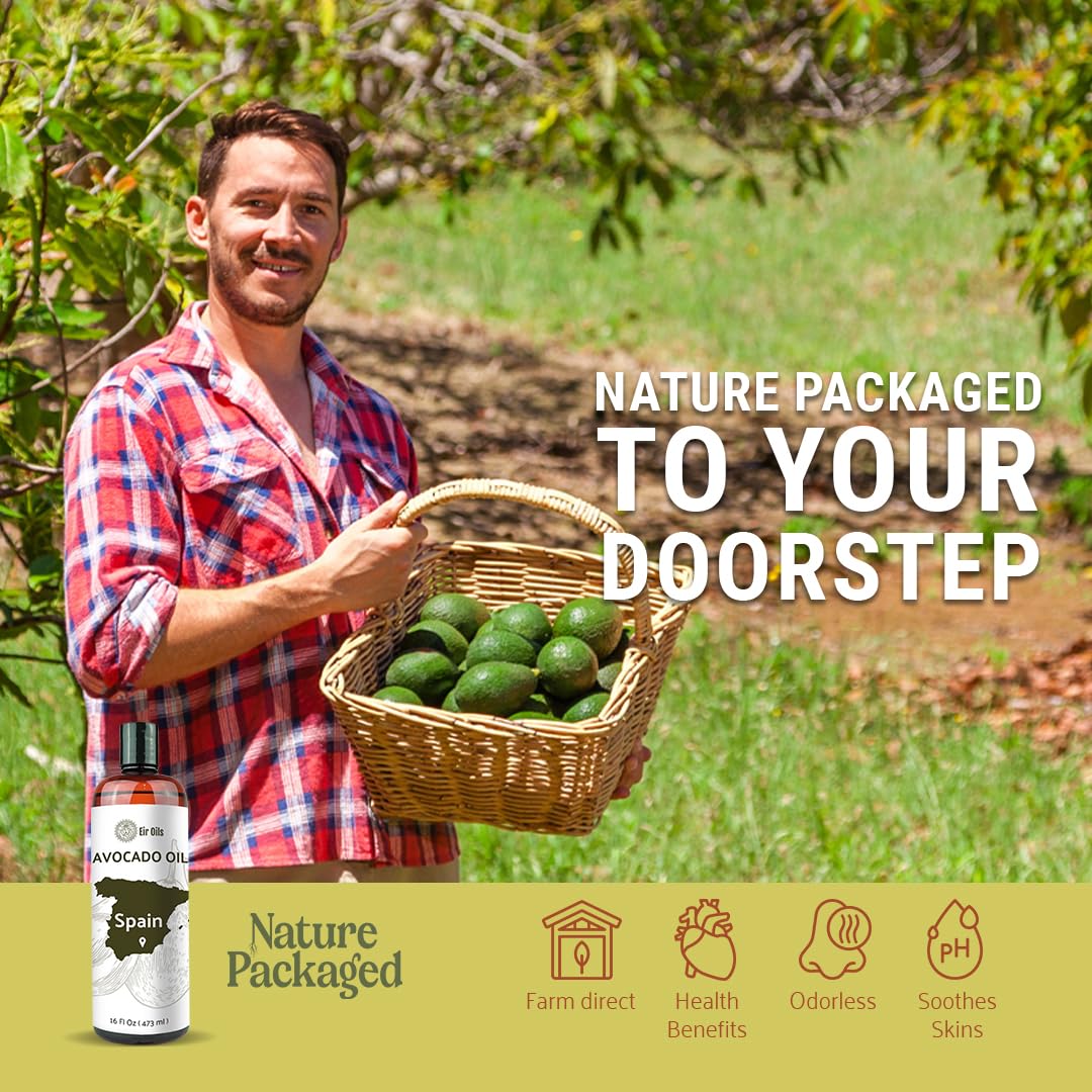 Avocado Oil - Direct from EIR Oils Farm in Spain - 100% Pure Carrier Oil for Hair, Face, and Skin - Hand-Picked, Cold-Pressed Carrier Oil - (8oz)