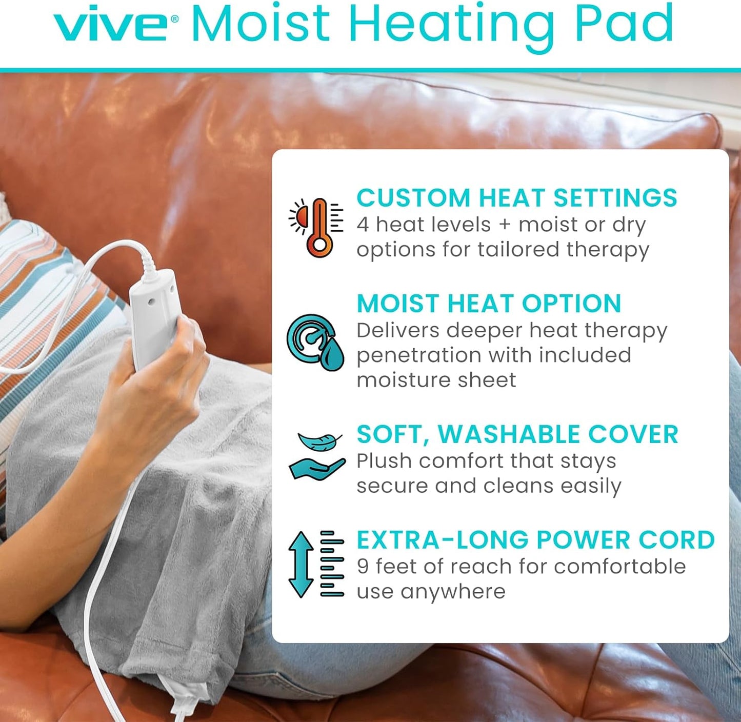 Vive Moist Heating Pad - Electric Heated Warming Hot Wrap for Heat Therapy on Back, Knee, Shoulder, Neck Pain, Period Menstrual Cramps, Cats, Dogs, Pets - Portable, Auto Shut Off (12" x 24")