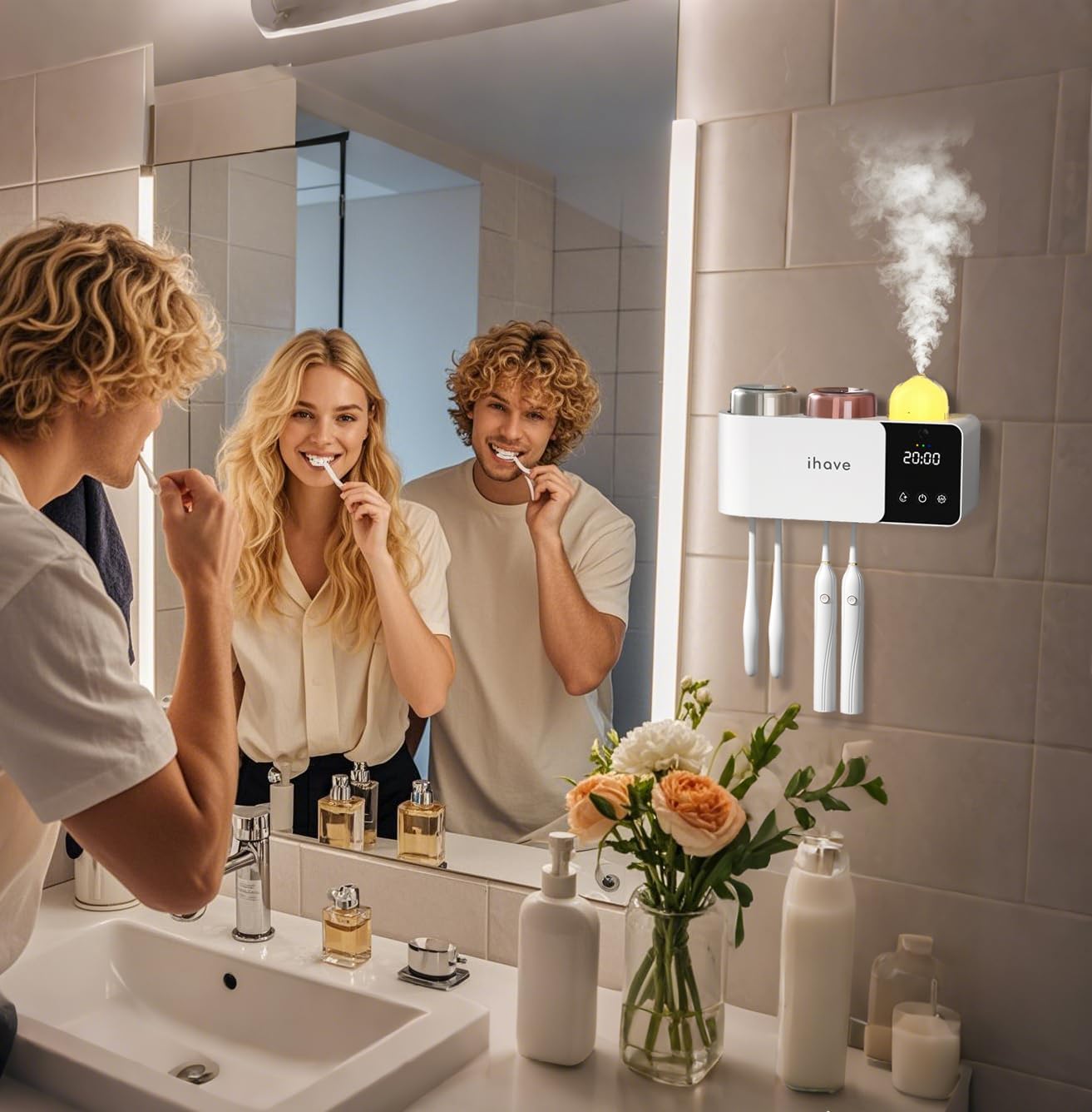 iHave Toothbrush Holders with UV Toothbrush Sanitizer, Aromatherapy Diffuser & IR Night Light - 4-Hour Smart Cruise Disinfection, Auxiliary Combo Drying - Wall-Mounted Bathroom Organizer with 2 Cups