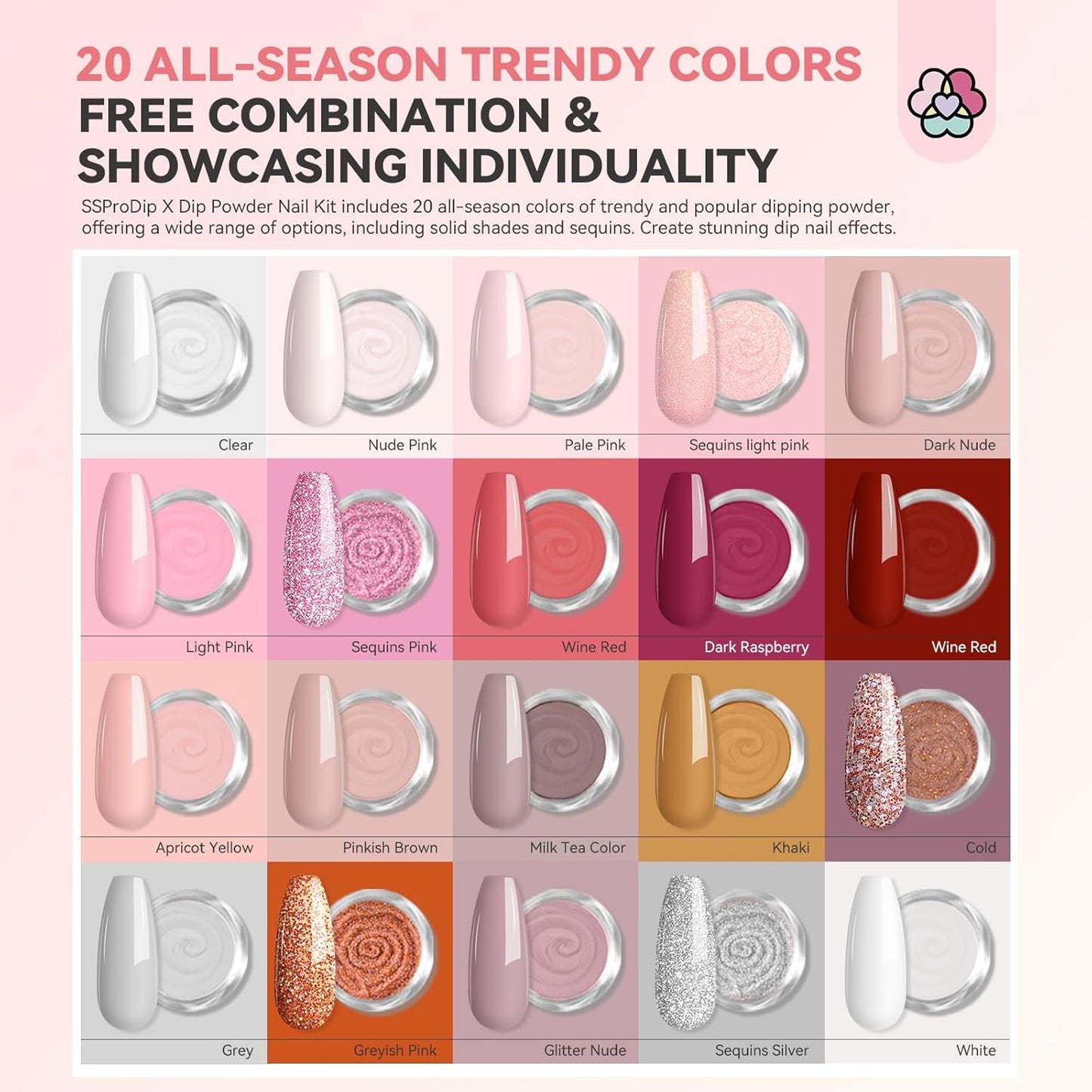 SAVILAND Dip Powder Nail Kit with Drill: 20 Colors All Season Nude Pink Keratin Dip Nails Powder Starter Kit with Dip Base Activator Top Coat Brush Saver for French Nail Art Manicure Home DIY