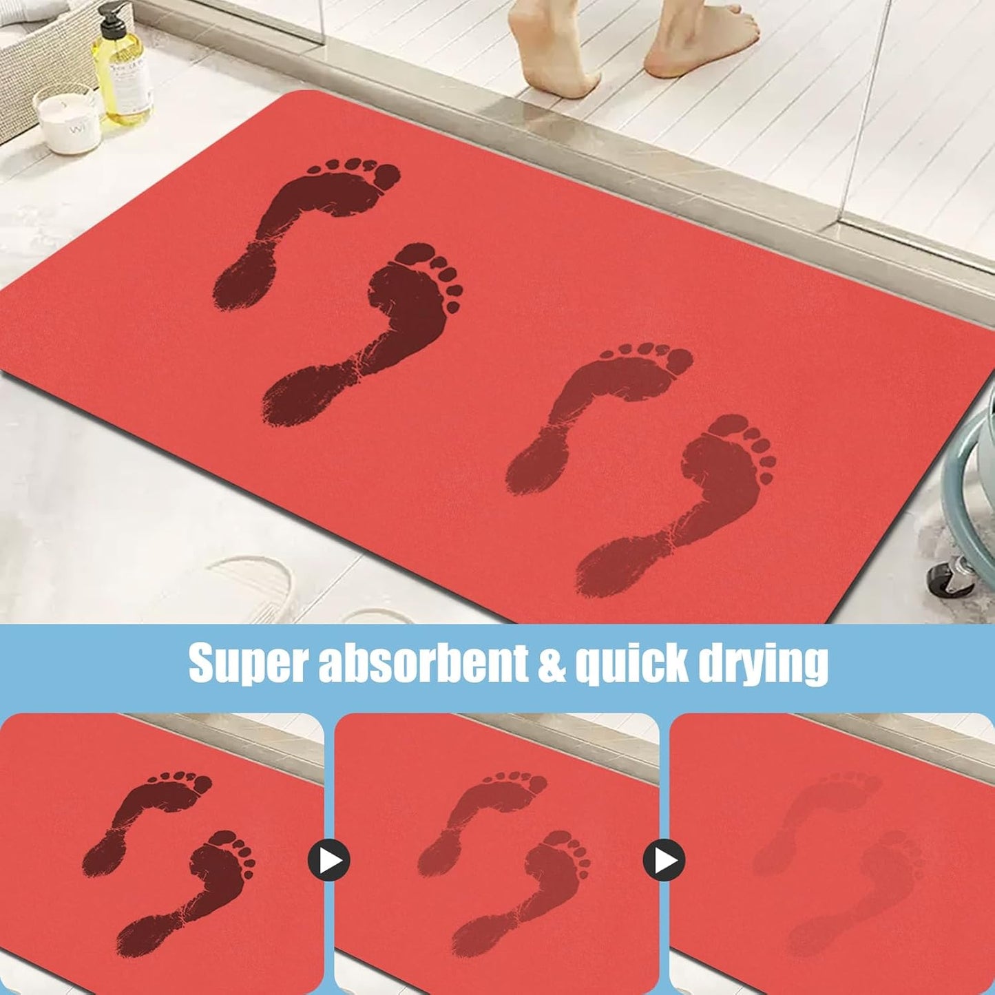 Diatomaceous Earth Bath mat Bathroom Rugs Super Absorbent Quick Dry Non Slip Bath Mat Thin Bathroom Floor Mats Fit Under Door-Shower Rug for in Front of Bathtub Shower, Red, 19.6"x31.5"