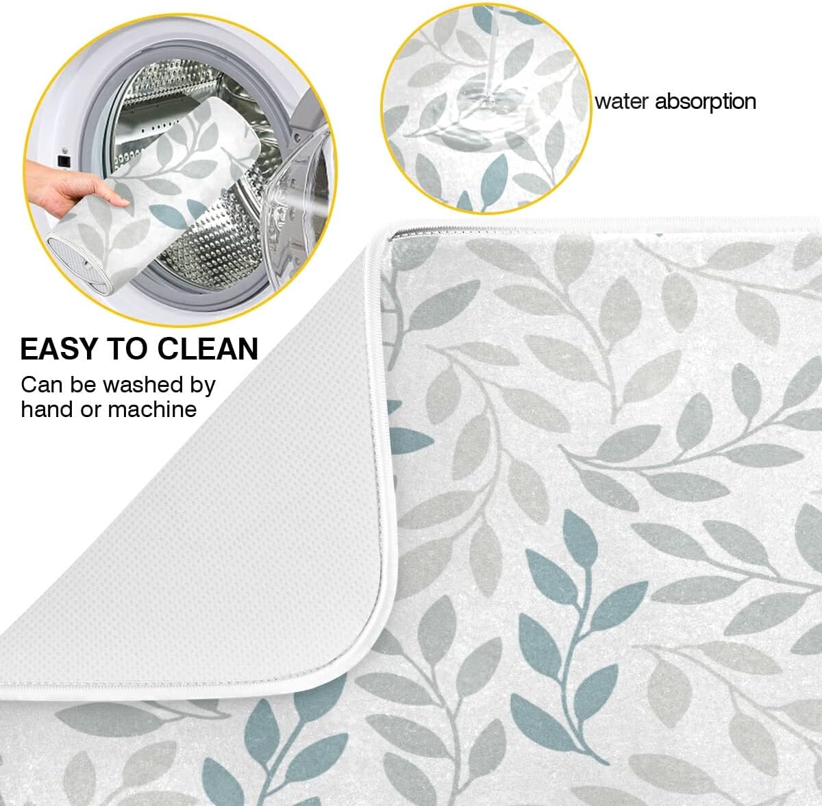 Grey and Blue Leaves branches Dish Drying Mat 16x18 for Kitchen Gray Leaves Botanical Spring Flowers Dishes Pad Dish Drainer Rack Mats Absorbent Fast Dry Kitchen Accessories