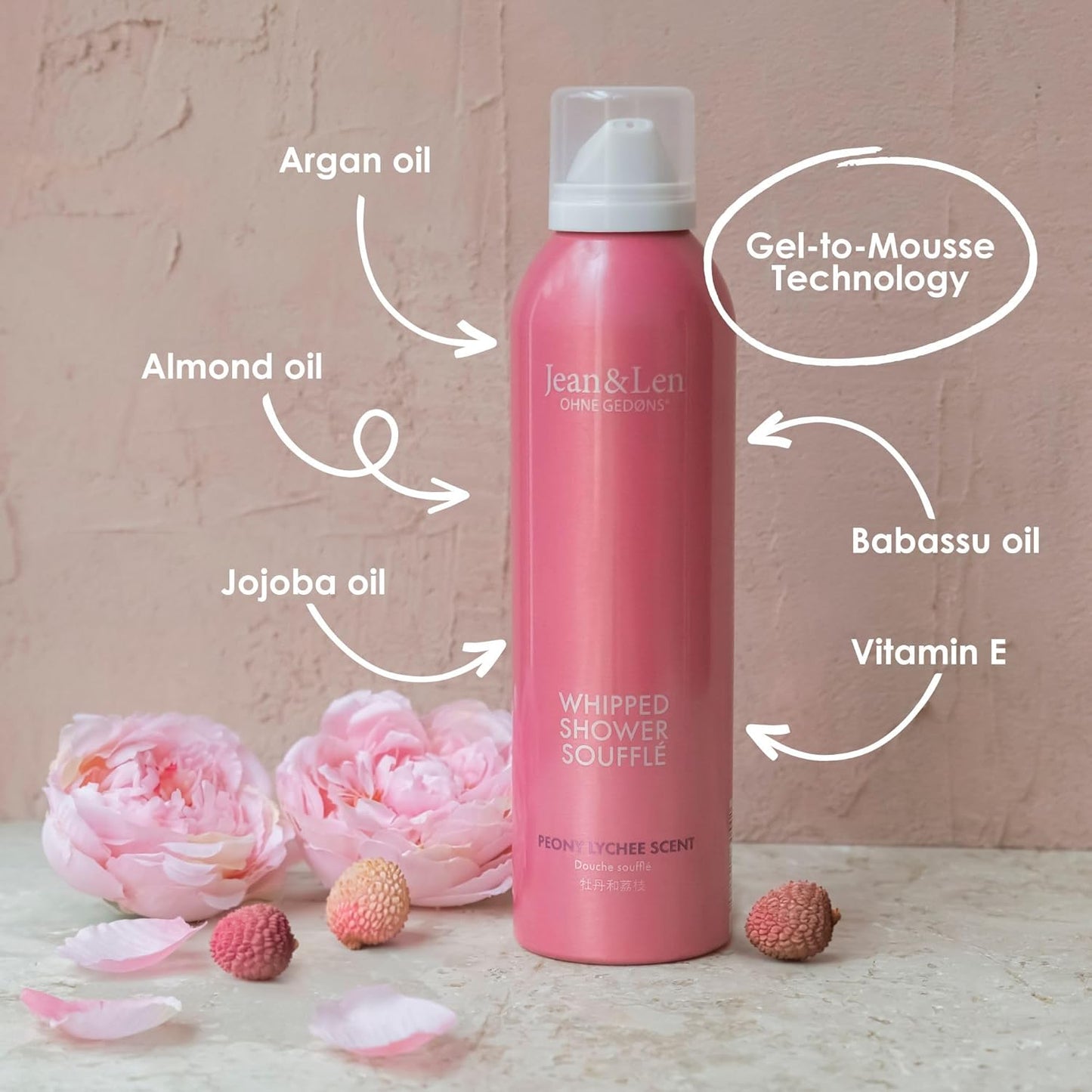 Jean & Len Shower Soufflé Peony & Lychee, with almond, jojoba & babussa oil, for a fragrant cleansing experience, for normal to dry skin, shower foam, without parabens & silicones, vegan, 6.76 Fl. Oz.