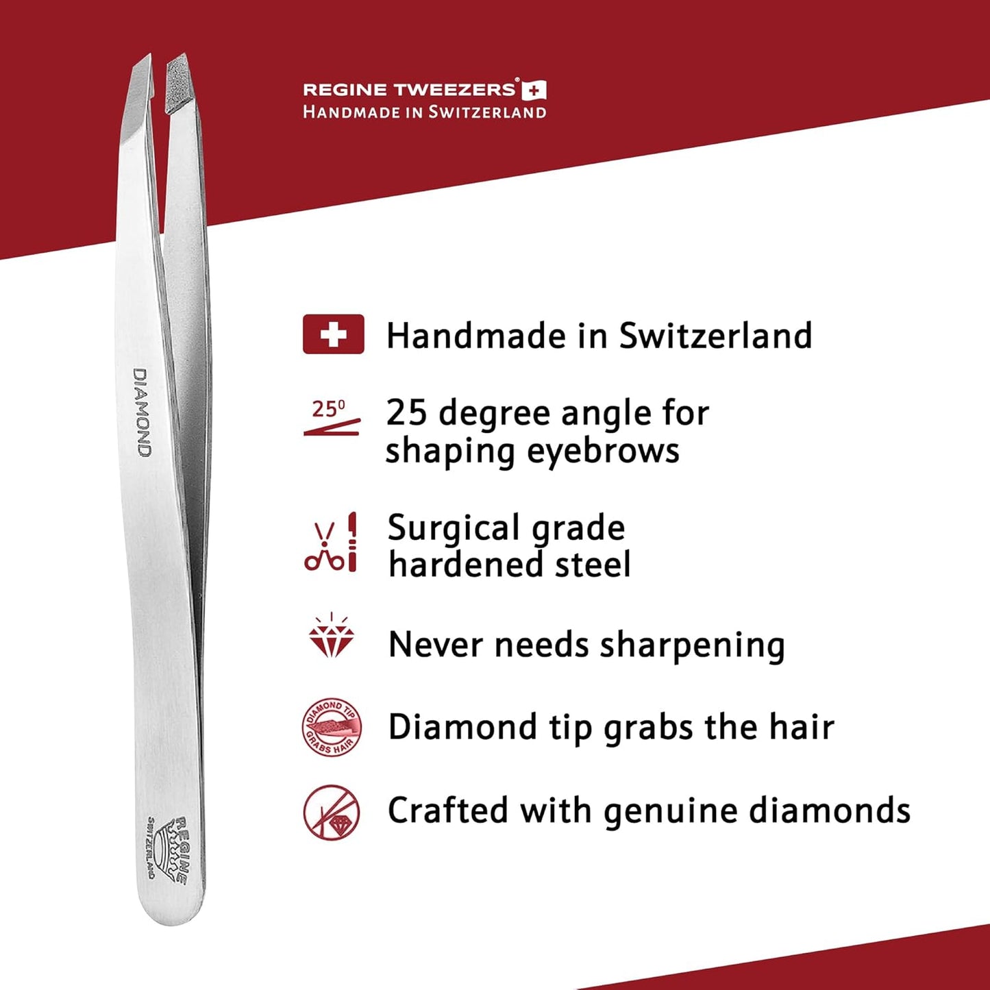 Professional Tweezers Diamond Slant Tip - Diamond Tip Tweezers for Men & Women - High Precision Design for Face, Eyebrow, Hair & Grooming - Stainless Steel Handmade Beauty Tool