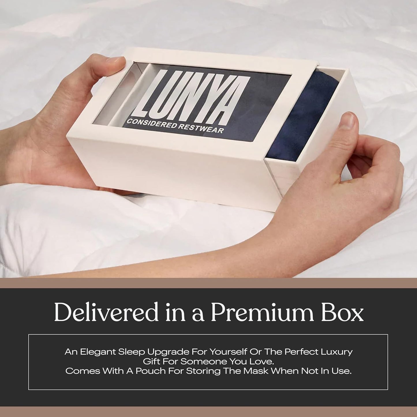 Lunya Sleep Mask with Box - Washable Silk Sleeping Mask and Headband for Beauty Routines - Thermoregulating Comfort for Restful Nights - Silk Eye Mask for Women - Small - Deep Blue