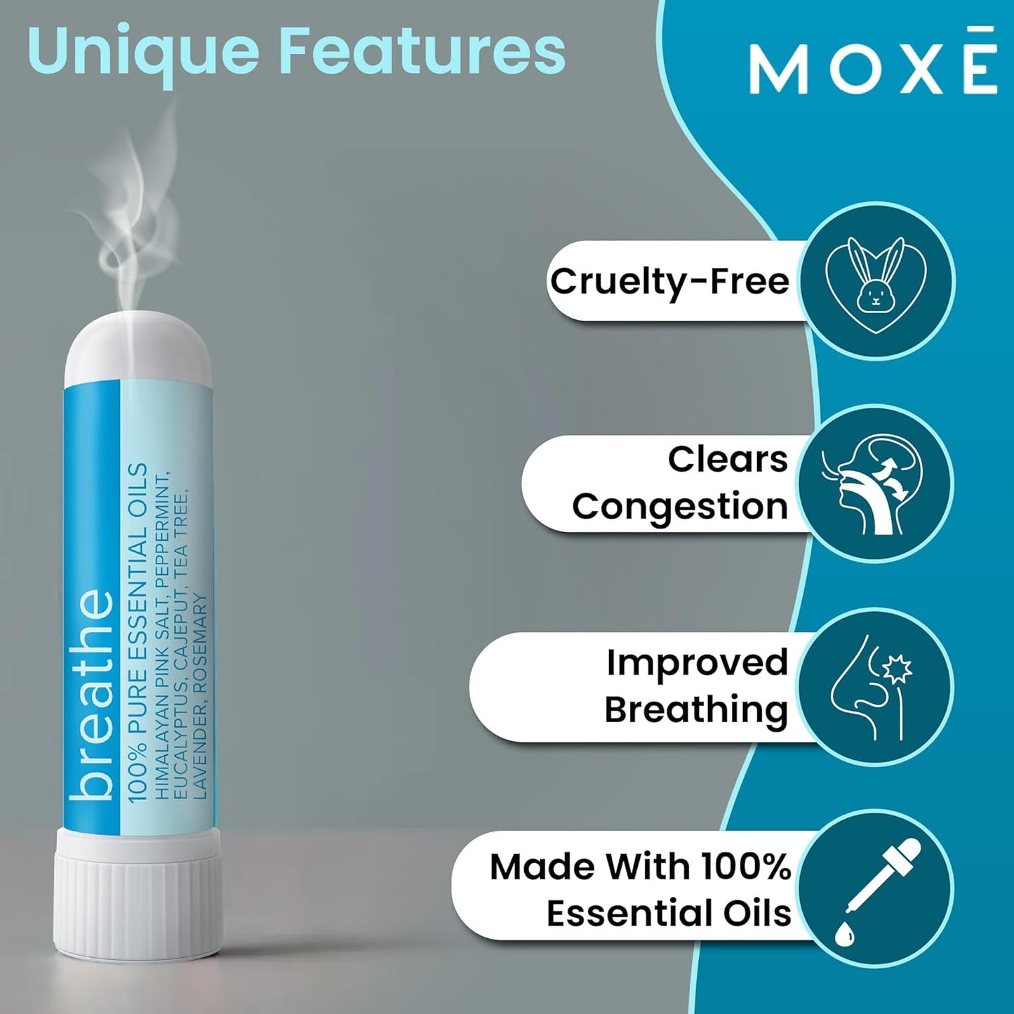 MOXE Breathe | Himalayan Salt Inhaler | Help Clear Congestion, Boost Focus and Improve Breathing | Natural Aromatherapy | Peppermint, Lavender and Tee Tree Essential Oil (3 Pack)