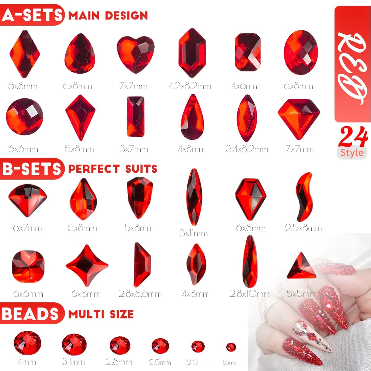 24 Styles Ruby Red Nail Rhinestones Multi-Shapes K9 Glass Flatback Siam Red Big Gems Round Beads Stones Diamonds Jewels Crystals Nail Art Charms for Nails Face Eyes Makeup Crafts Clothes Shoes