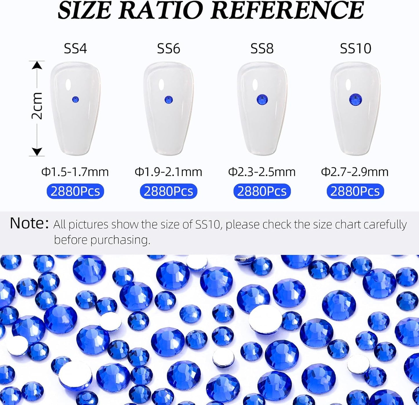 Sapphire Flatback Rhinestones, Glass Rhinestones for Nail Art and Craft, Glue Fix, Loose Crystal Gemstones(Blue, SS10, 2880pcs, 2.7-2.8mm)