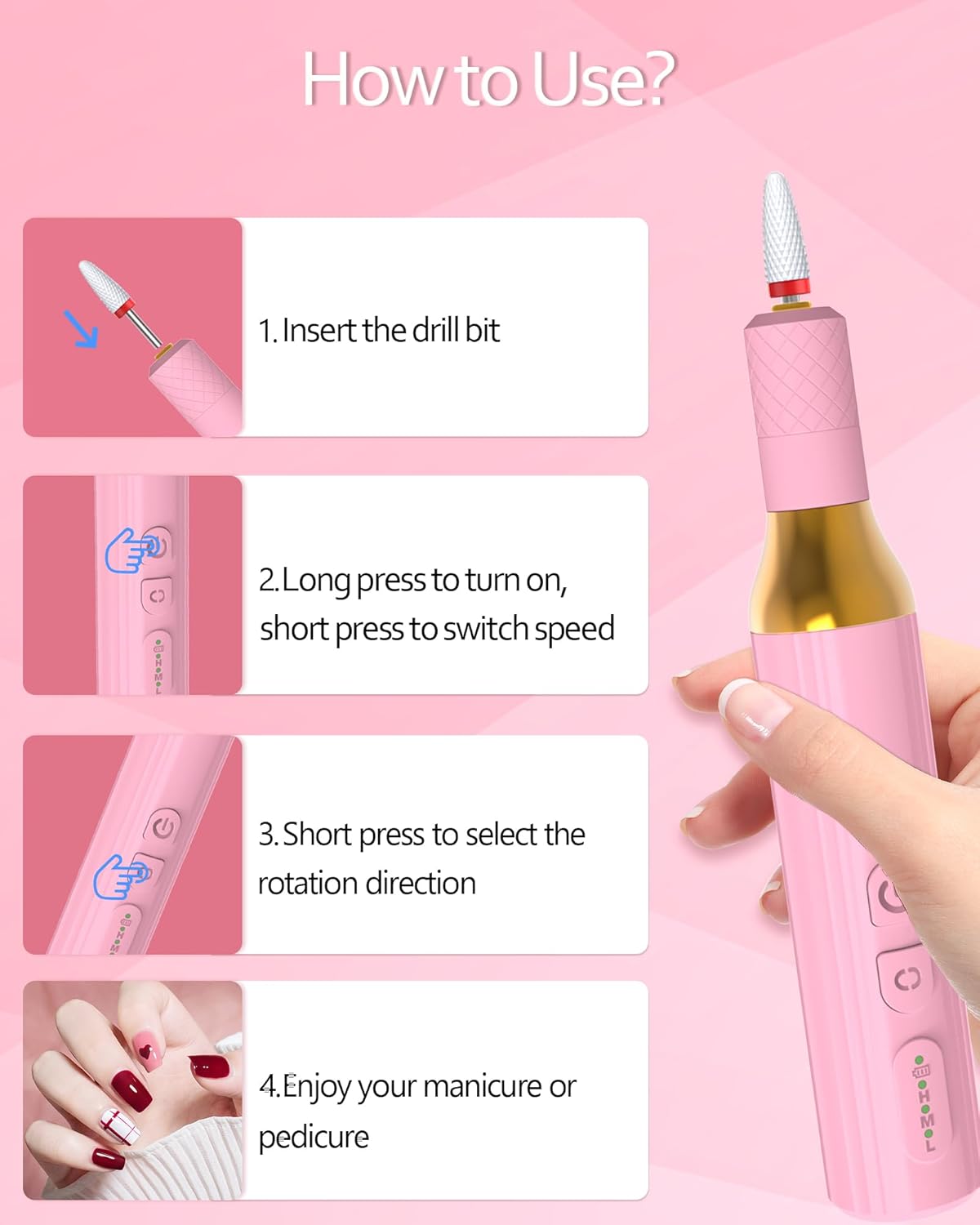 Electric Cordless Nail Drill Portable Nail Drill Machine for Gel Acrylic Nails, Rechargeable Nail File for Home Salon Electric Nail File Pink