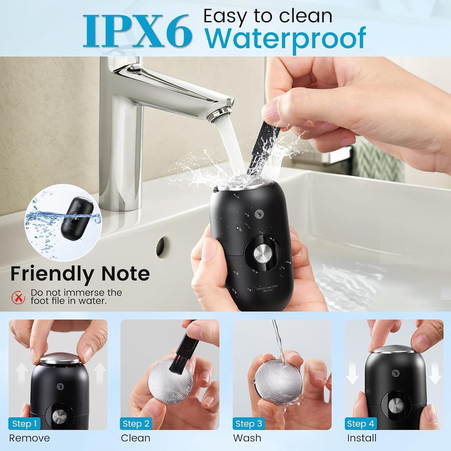 Quaferen Electric Foot Callus Remover 3-Speed Rechargeable Foot File Portable Pedicure Tools for Feet with Stainless Steel Head IPX6 Waterproof Foot Scrubber for Dead Hard Cracked Dry Skin (Black)