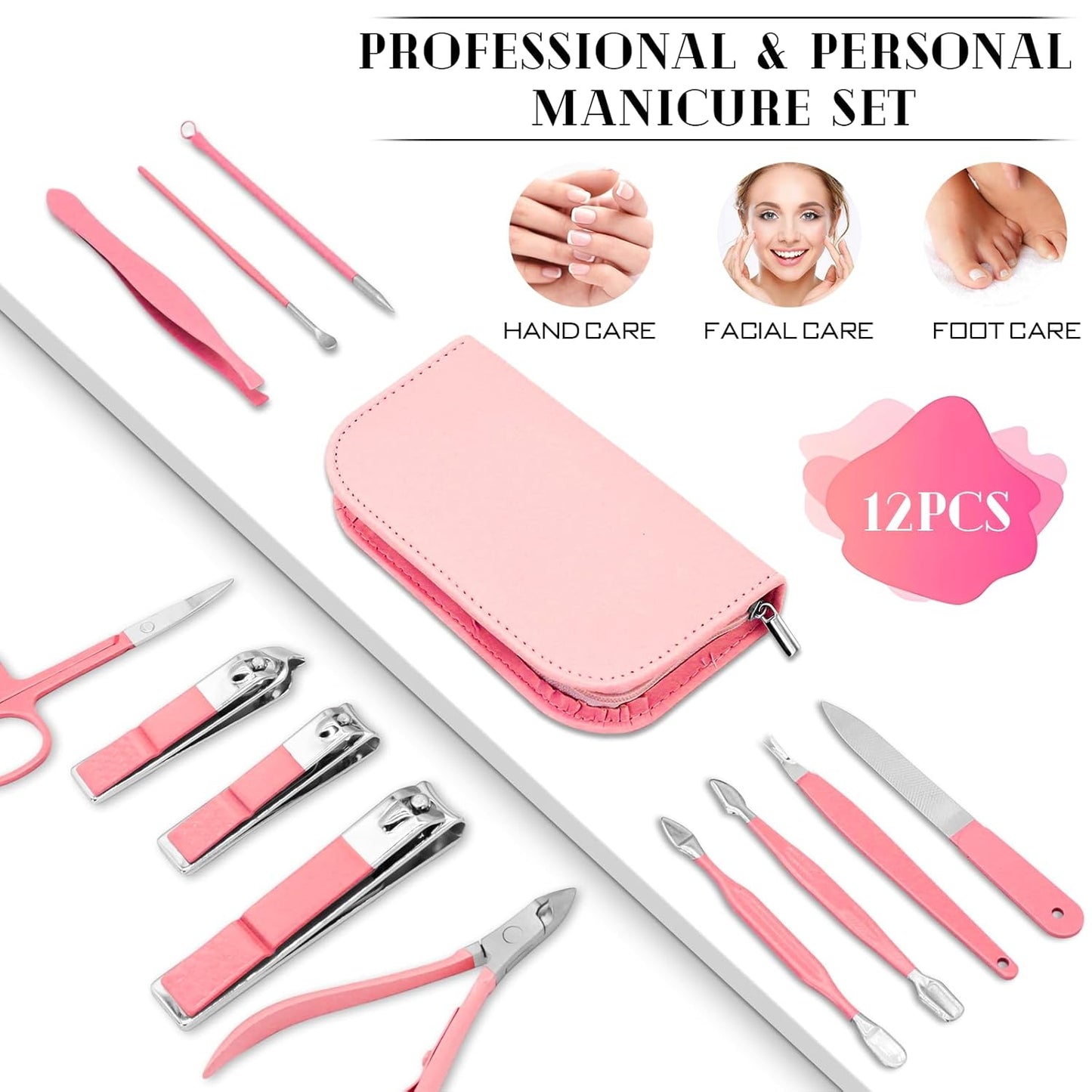 BLESWIN Manicure Pedicure Set, 12 Pcs Nail Care Kit for Women, Mens Nail Grooming Kit, Manicure & Pedicure Tools & Accessories, Pink Nail Kit Manicure Set Luxury Leather Case for Home Salon Use