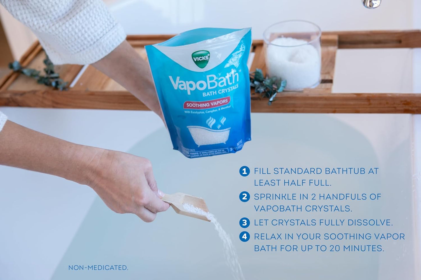 Vicks VapoBath, Bath Salts, Bath Bomb, Non-Medicated Bath Crystals, Comforting Vicks Vapors, Vapor Bath, Aromatherapy with Eucalyptus and Menthol Scent, Contains Essential Oils, 36 OZ