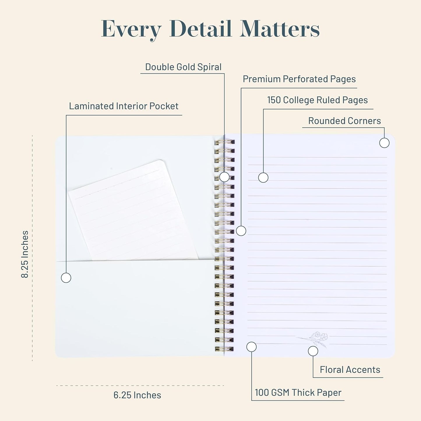 Happy Hoos® Aesthetic Spiral Notebook - 6.25" x 8.25" College Ruled Journal Notebook - Hard Cover Writing Journal for Work, School, Travel, More - Floral Notebook 8 Seasonal Designs(Spring Bloom)