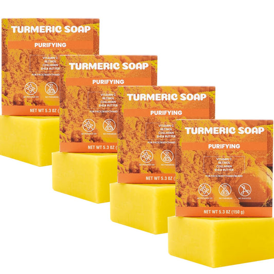 Rinse & Robust Turmeric Soap for Face & Body, Natural Handmade Bar Soap with Organic Turmeric, Shea Butter & Vitamin C, Gentle for All Skin Types Deep Cleansing Soaps for Men & Women 5.3 oz of 4 Bars