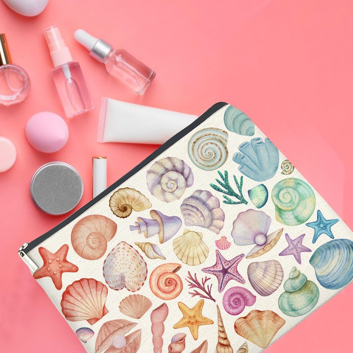 Colorful Ocean Seashell Starfish Makeup Bag Gifts for Women Beach Themed Seashell Cosmetic Bag Zipper Pouch