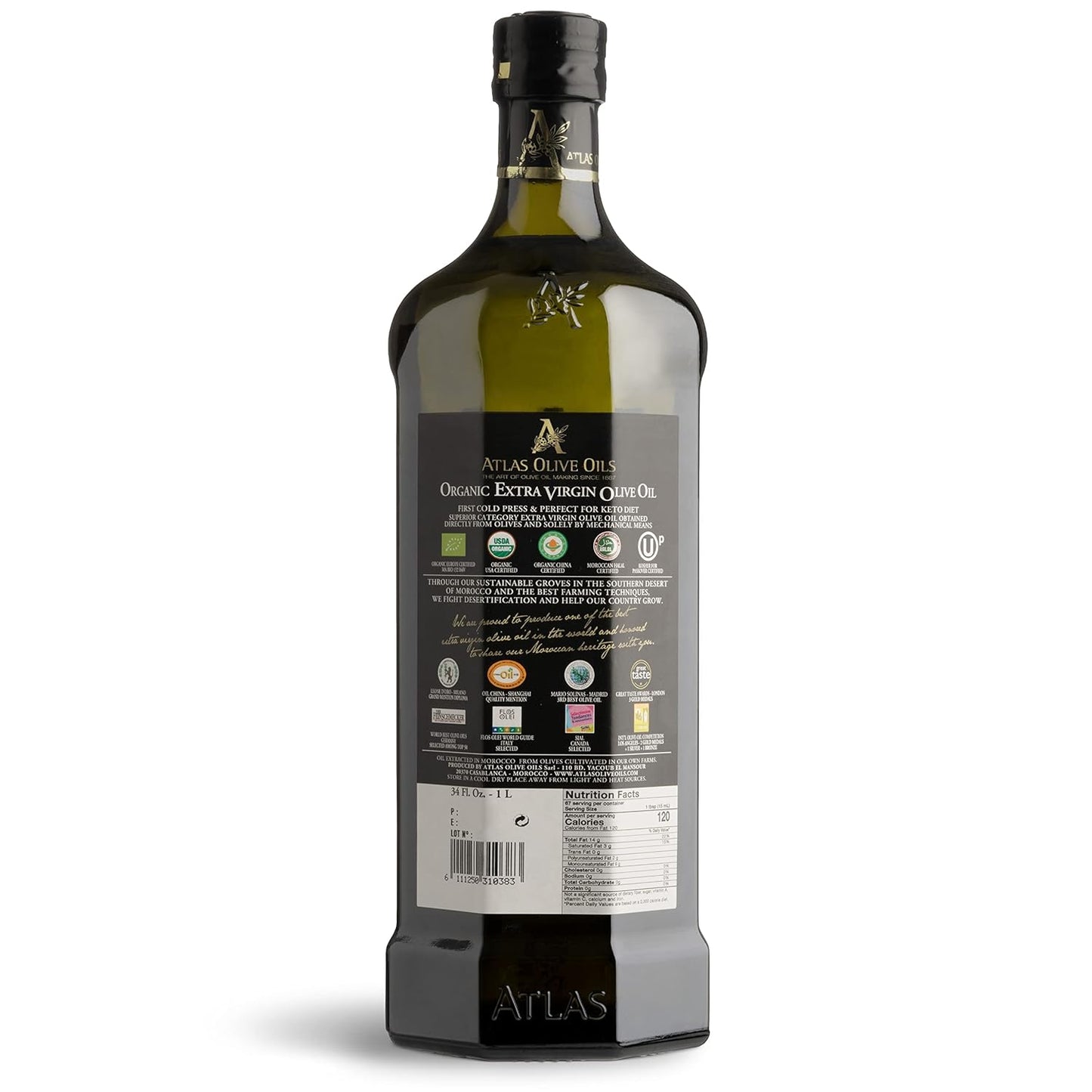 Atlas 1 LT Cold Press Extra Virgin Olive Oil with Polyphenol Rich from Morocco | Newly Harvested Unprocessed from One Single Family Farm | Moroccan Organic EVOO Trusted by Award-Winning Chefs