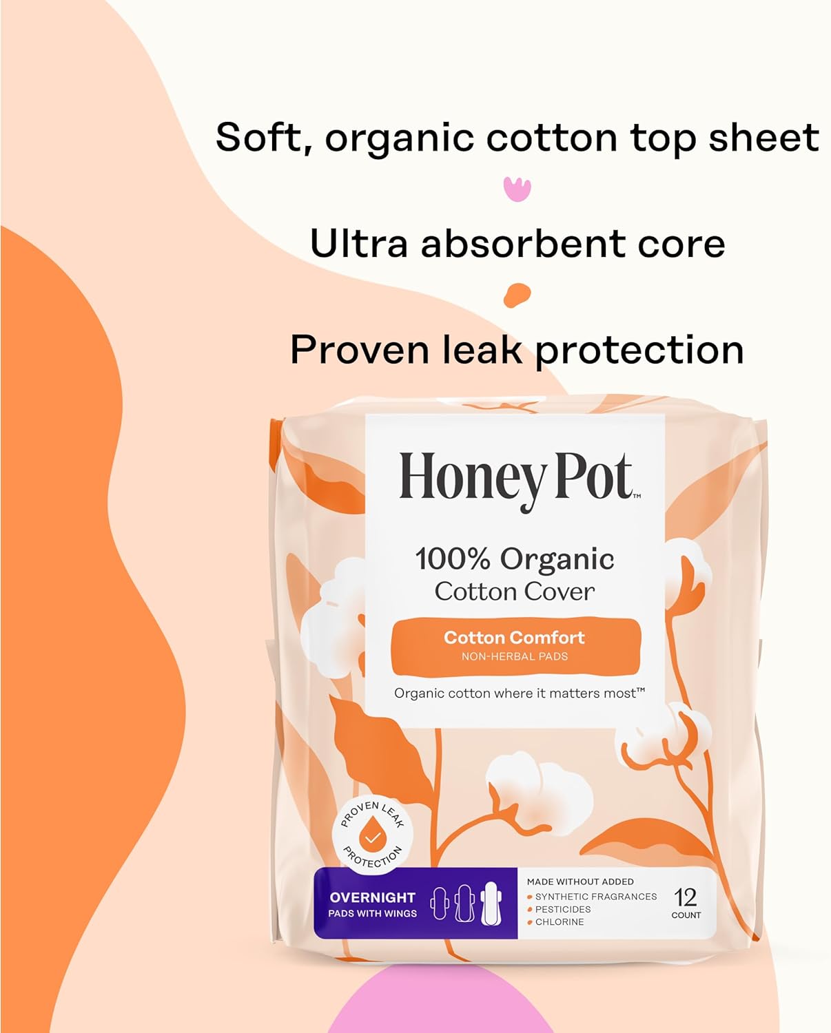 The Honey Pot Company - 48ct - Sanitary Pads for Women - Non-Herbal Overnight w/Wings - Organic Cotton Cover & Ultra-Absorbent Pulp Core - Feminine Care