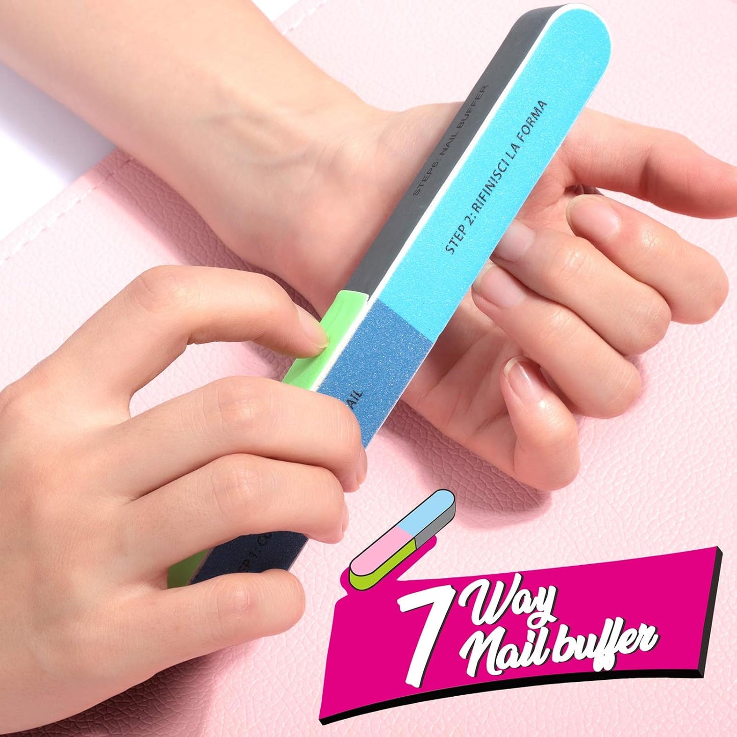 FANDAMEI Nail File and Buffer, Professional Manicure Tools Kit. 8PCS Rectangular Nail Buffer Block, 8PCS Nail File, 2PCS 7 Way Nail File & 2PCS Nail Polishing Buffer. Nail Care File Buffer Tool