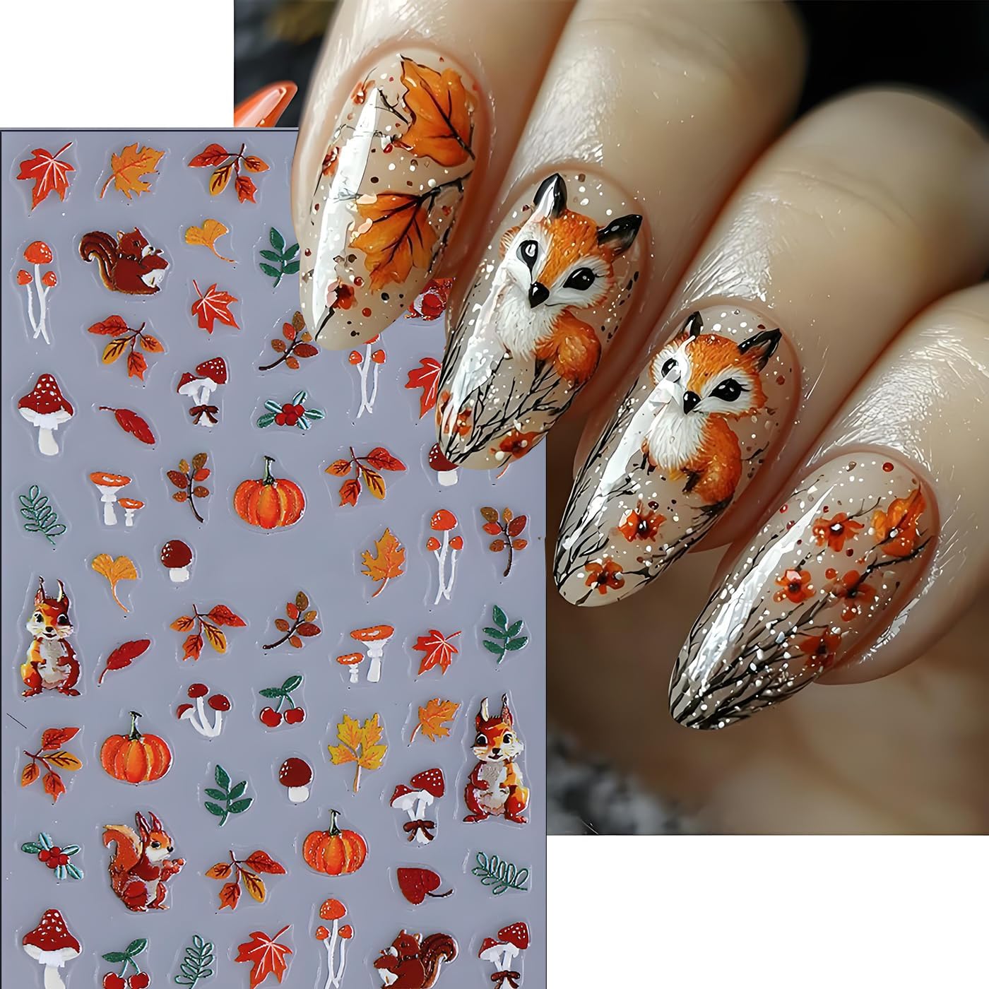 Fall Nail Art Stickers, Cute Fox Nail Art Decals 3D Self-Adhesive Leaves Pumpkin Nails Stickers Fall Flowers Nail Design 3Pcs Nail Art Supplies for Women Fall Nail Decoration